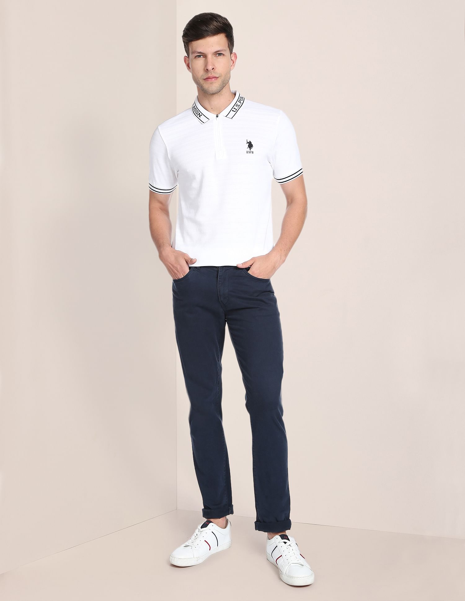 Branded Collar Jacquard Polo Shirt White - U.S. Polo Assn. India | Large