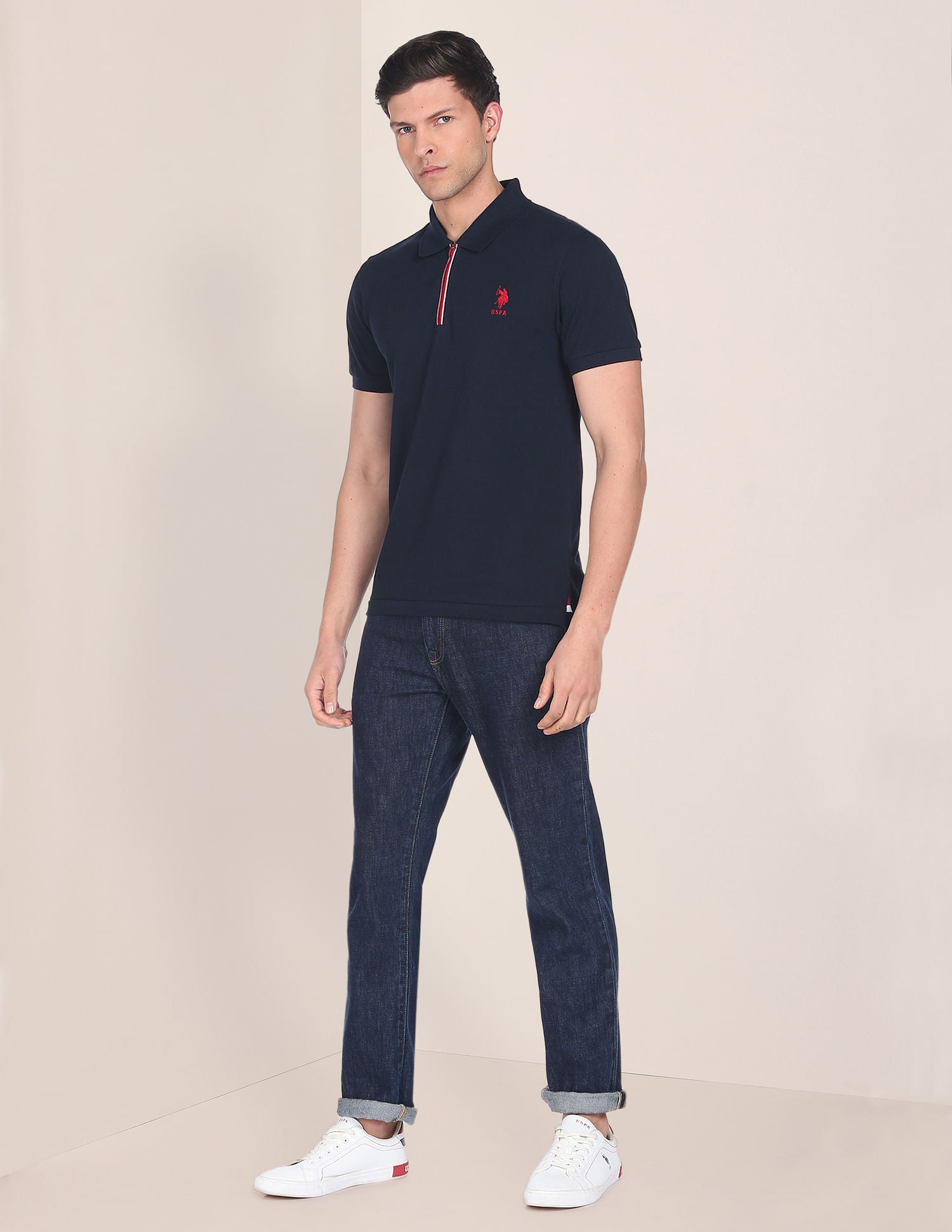 Zipper Cotton Polo Shirt Navy - U.S. Polo Assn. India | Large