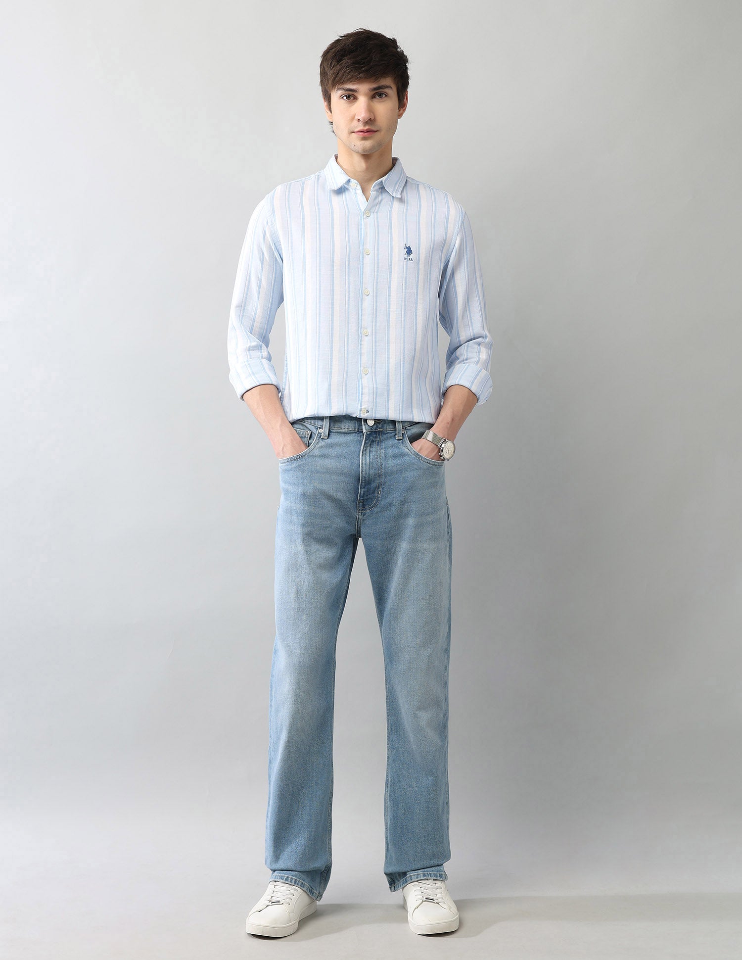 Vertical Striped Cotton Dobby Shirt Light Blue - U.S. Polo Assn. India | Large