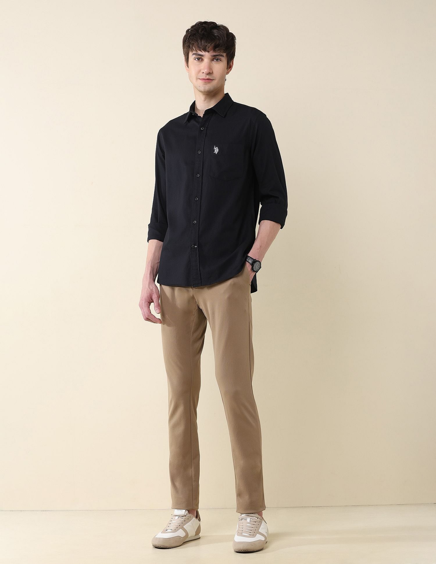 Solid Birds Eye Dobby Shirt Black - U.S. Polo Assn. India | Large