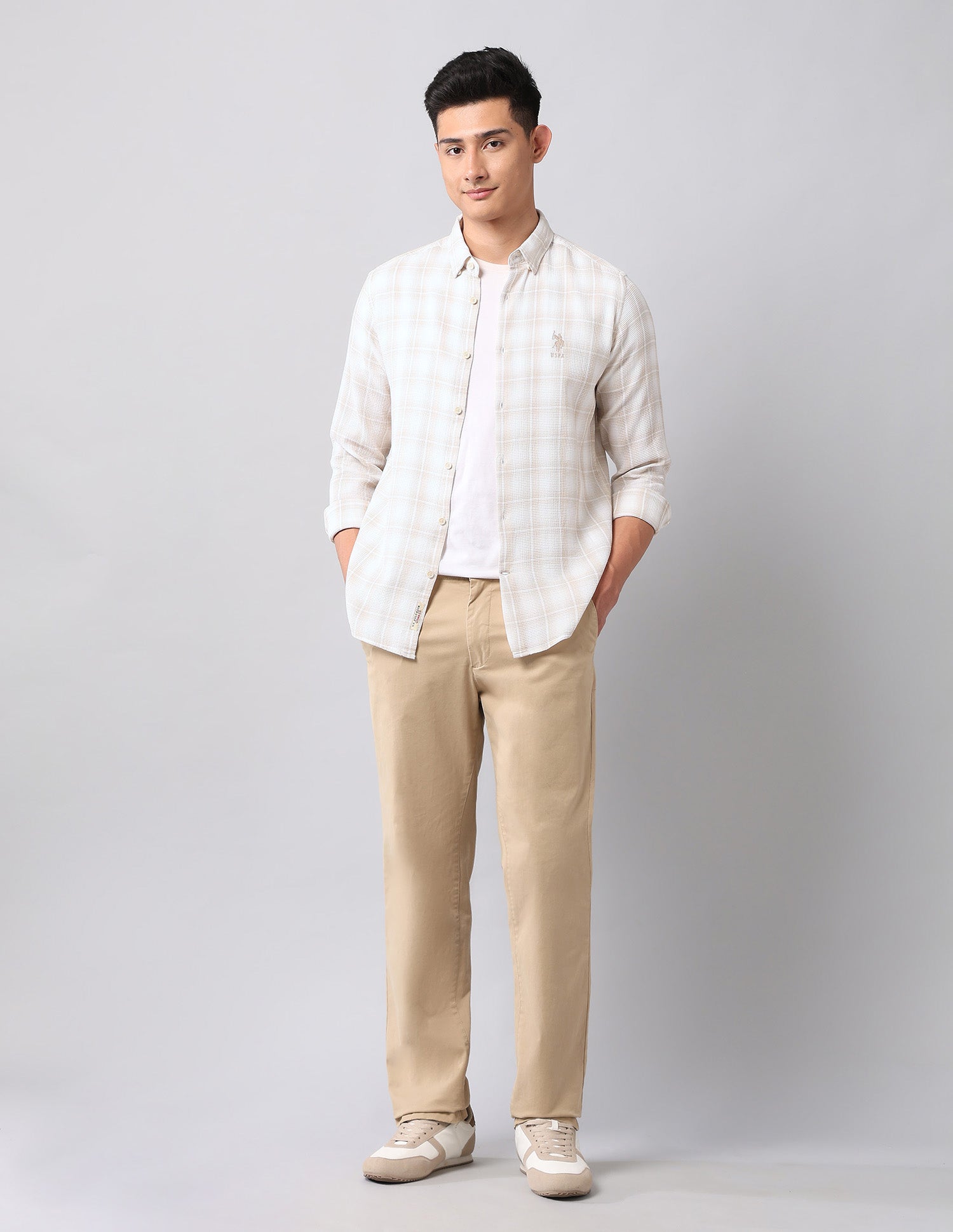 Windowpane Checked Pure Cotton Shirt Ecru - U.S. Polo Assn. India | Large