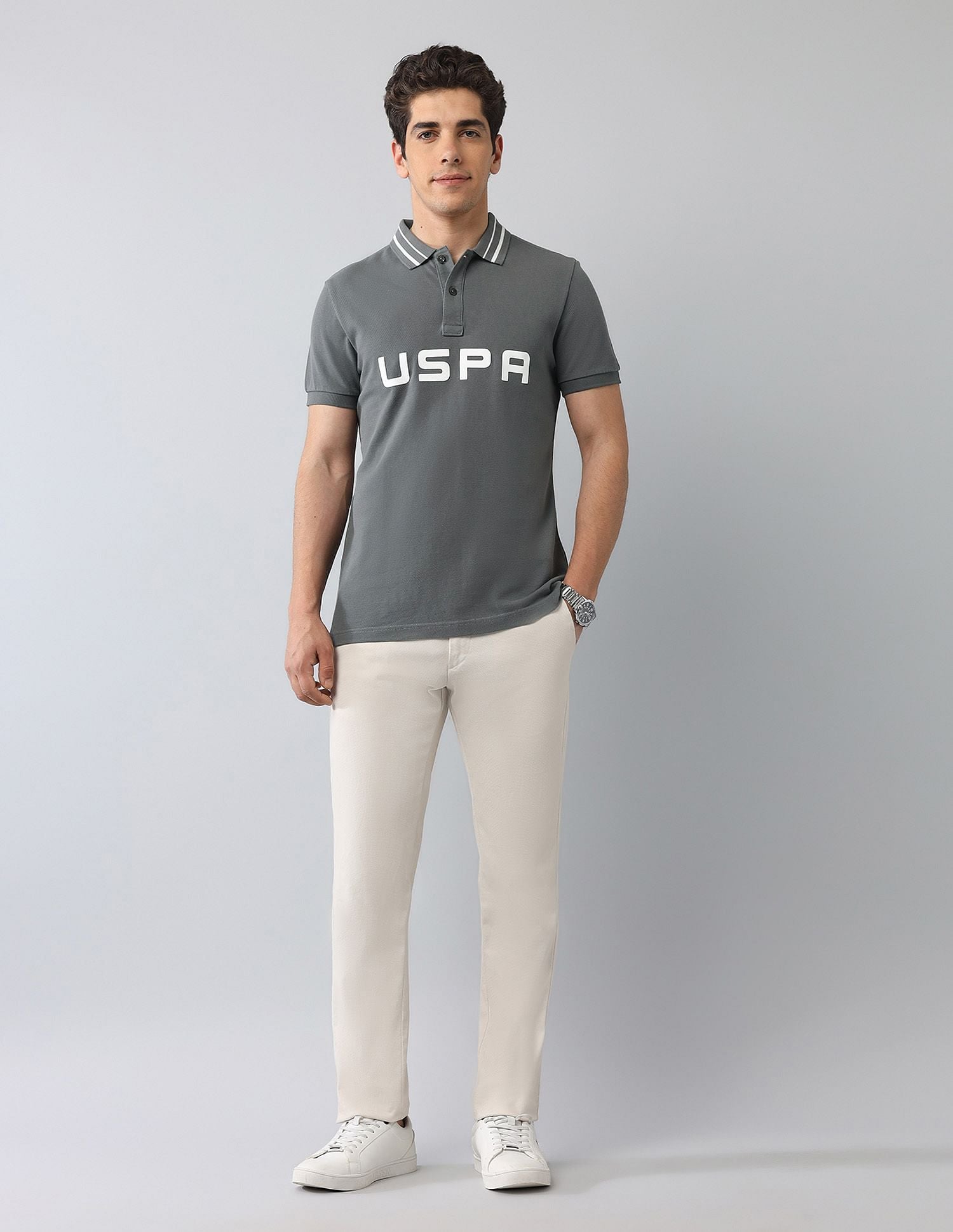 Muscle Fit Brand Printed Polo Shirt Dark Grey - U.S. Polo Assn. India | Large