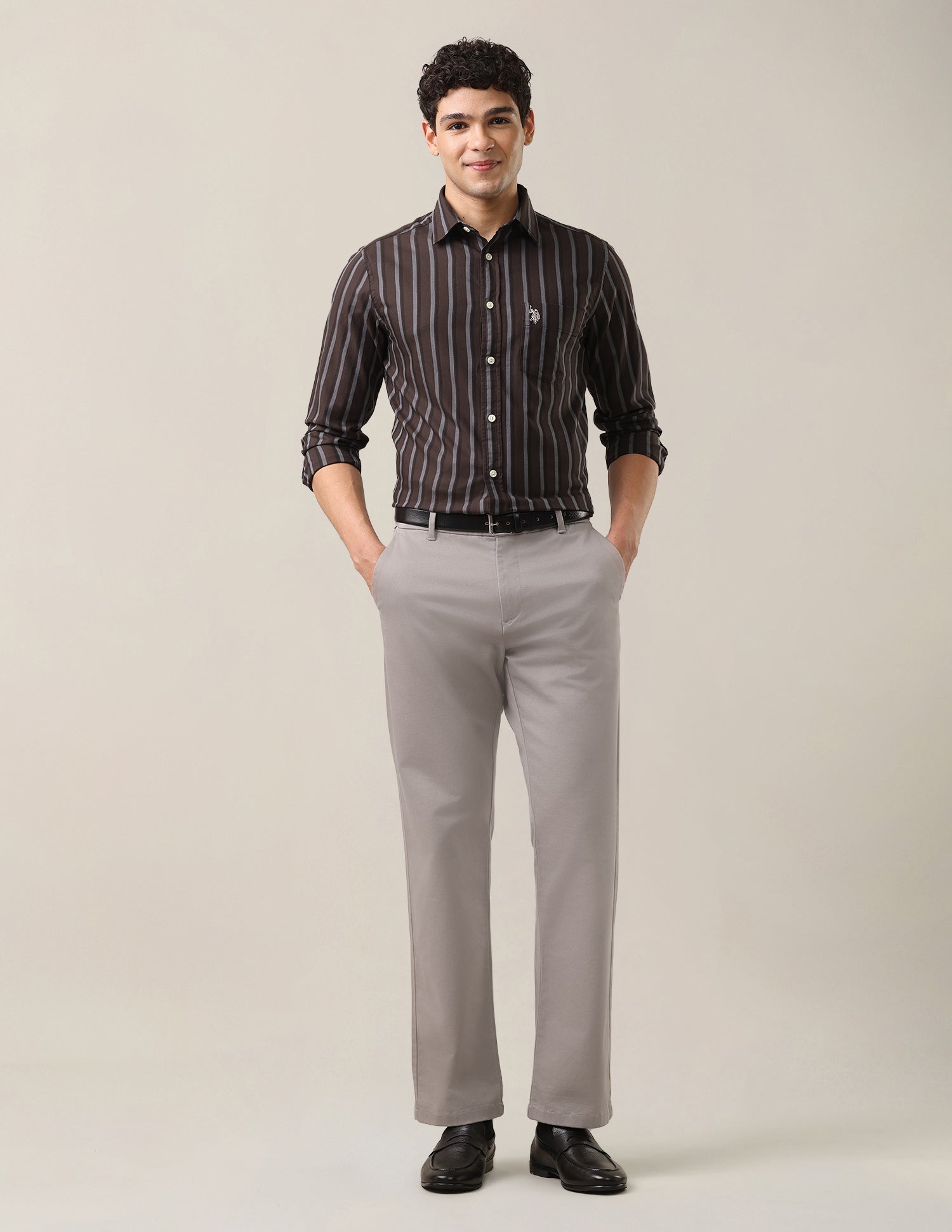 Vertical Striped Twill Shirt Dark Brown - U.S. Polo Assn. India | Large