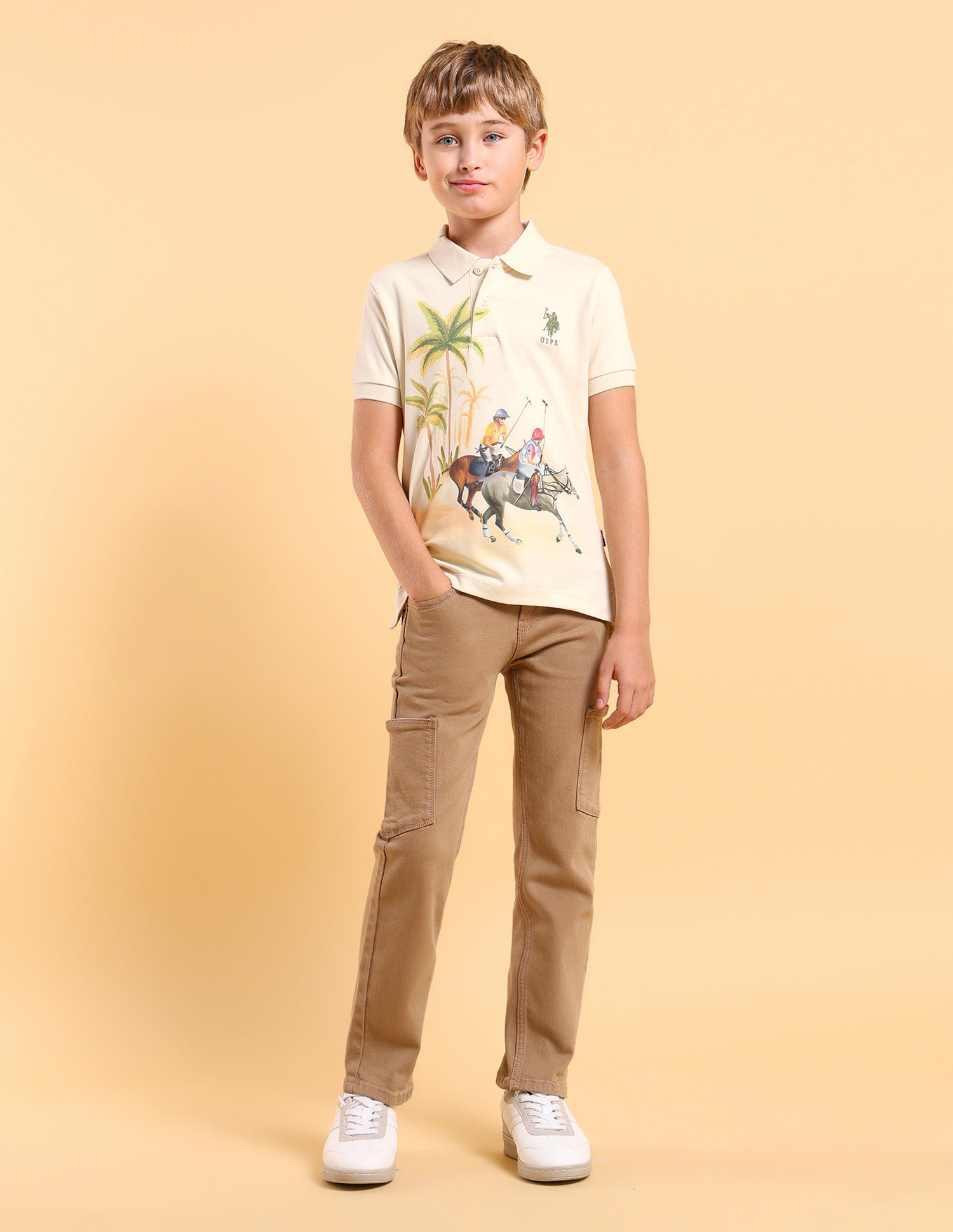 Boys Regular Fit Graphic Printed Polo Shirt Beige - U.S. Polo Assn. India | Large