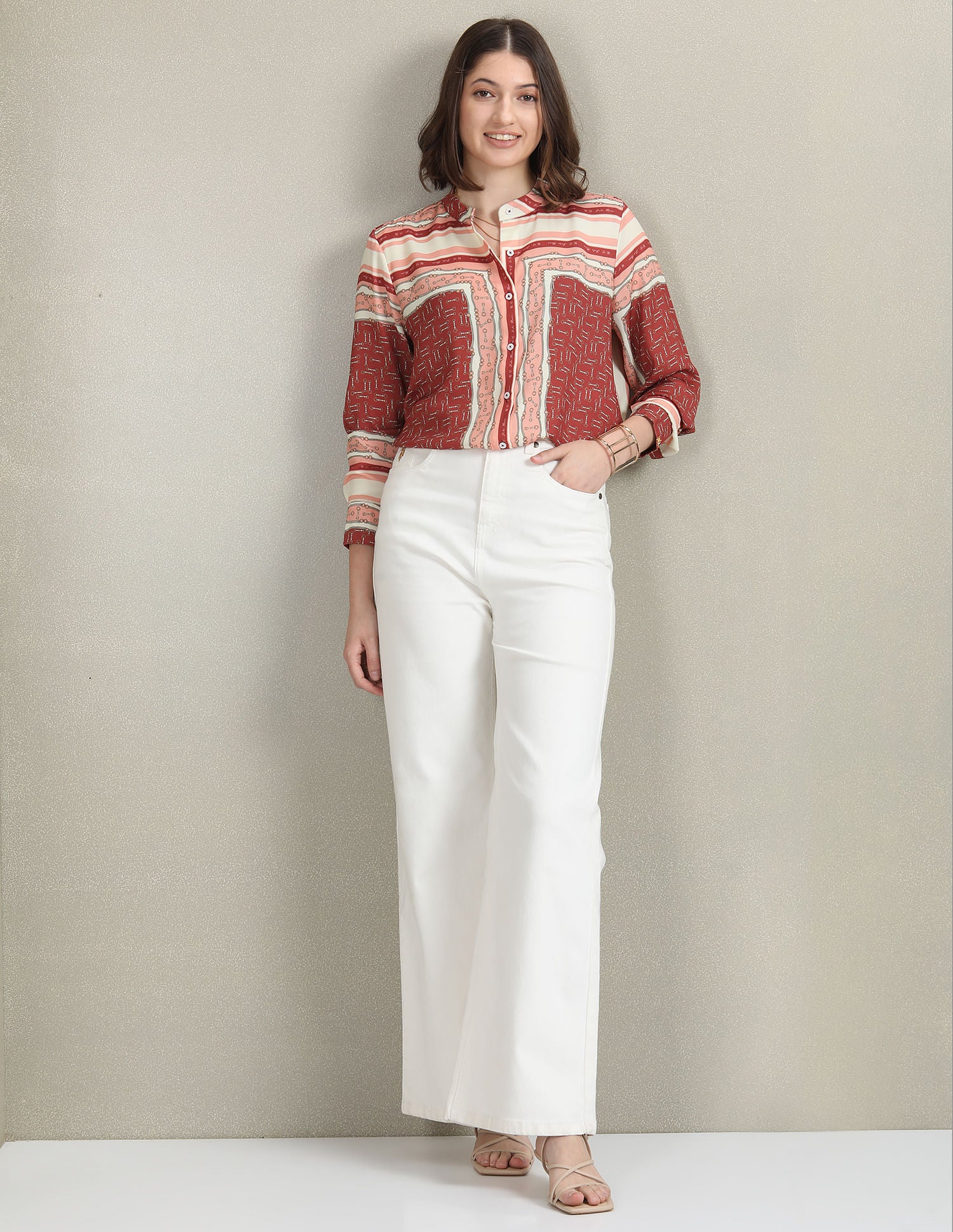 Mandarin Collar Geometric Print Shirt White, Peach and Brown - U.S. Polo Assn. India | Large