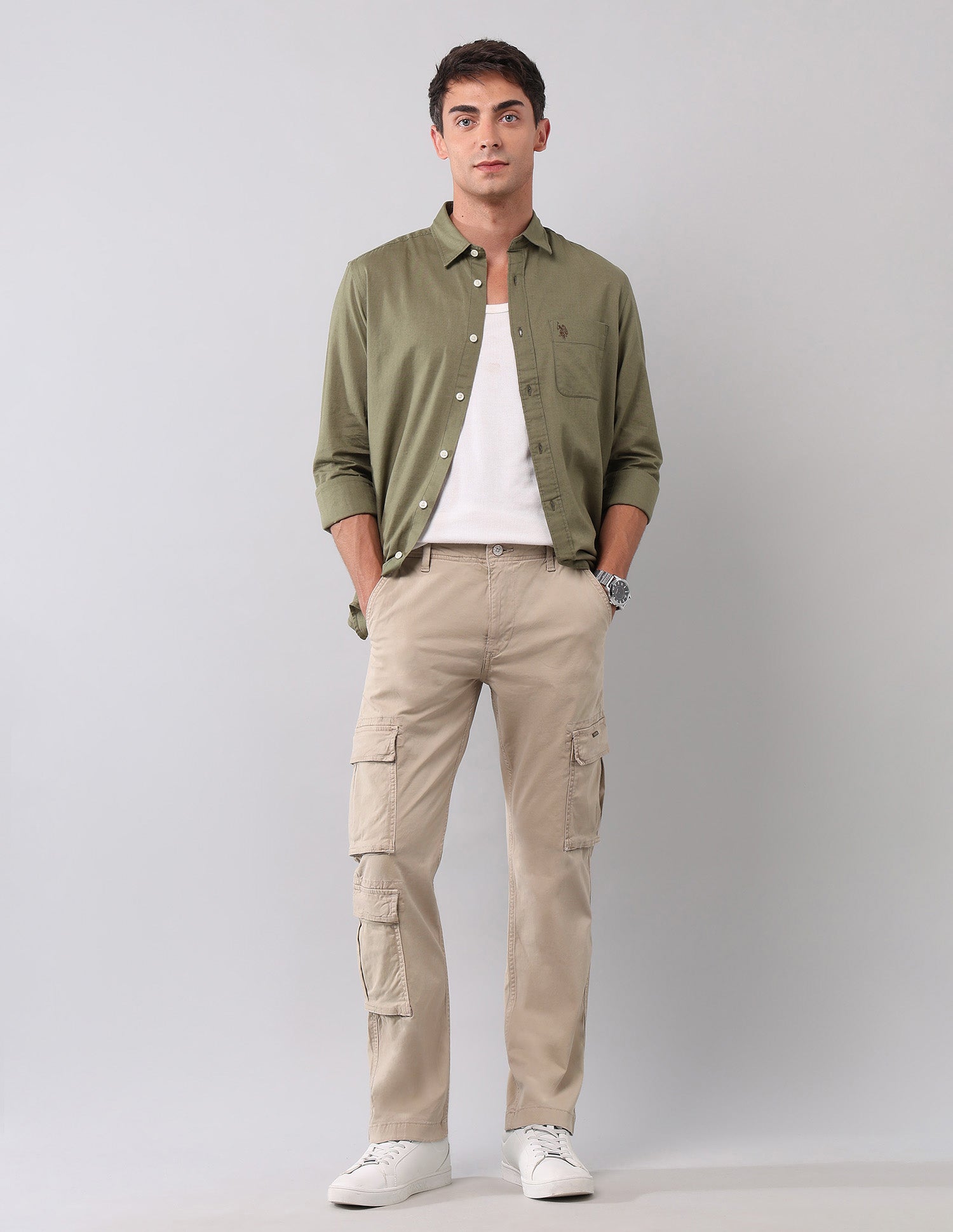 Solid Straight Fit Cargos Beige - U.S. Polo Assn. India | Large