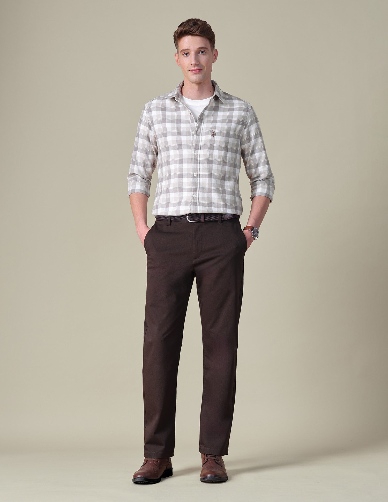 Grid Tattersall Checked Tailored Fit Shirt Beige - U.S. POLO ASSN. | Large