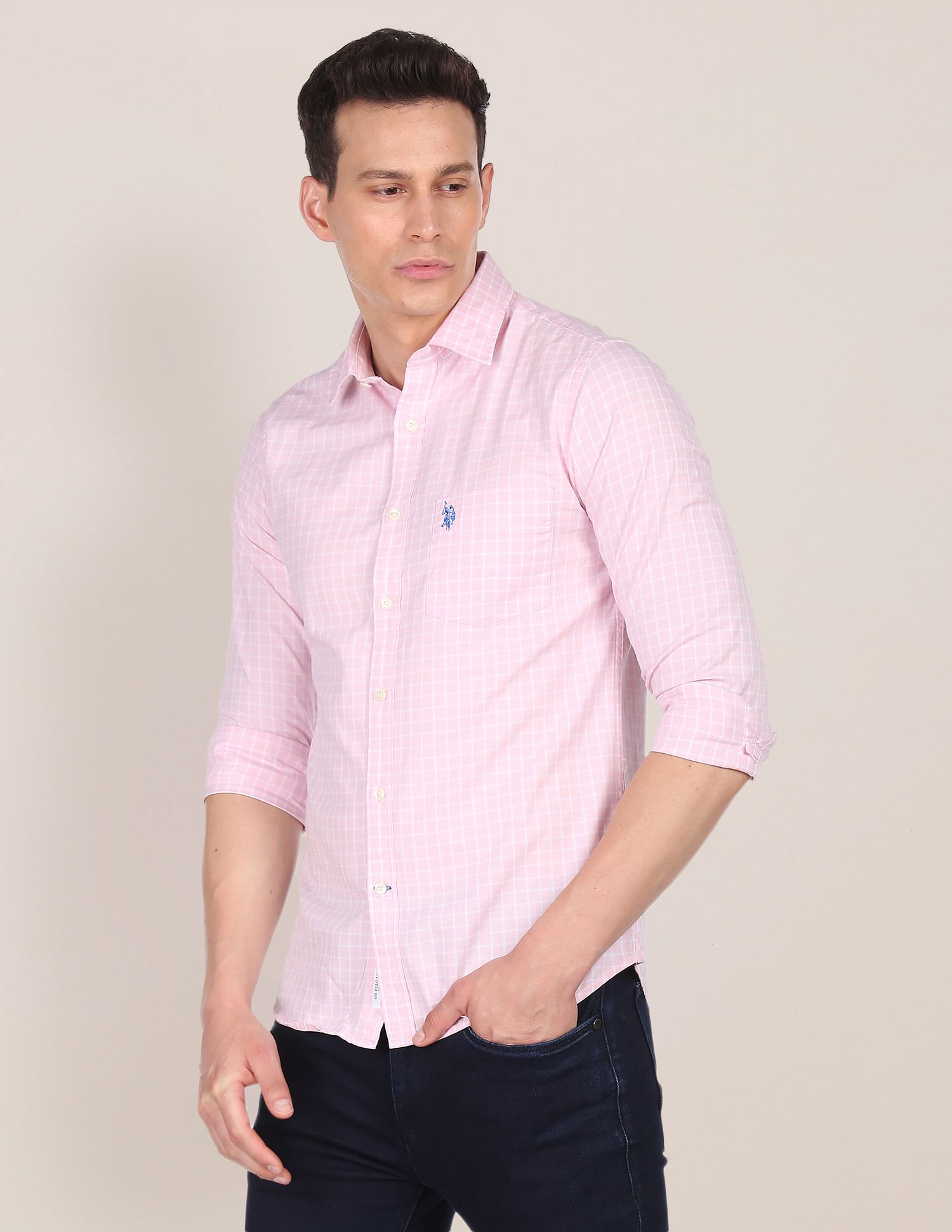 Rounded Cuff Check Casual Shirt Pink - U.S. Polo Assn. India | Large