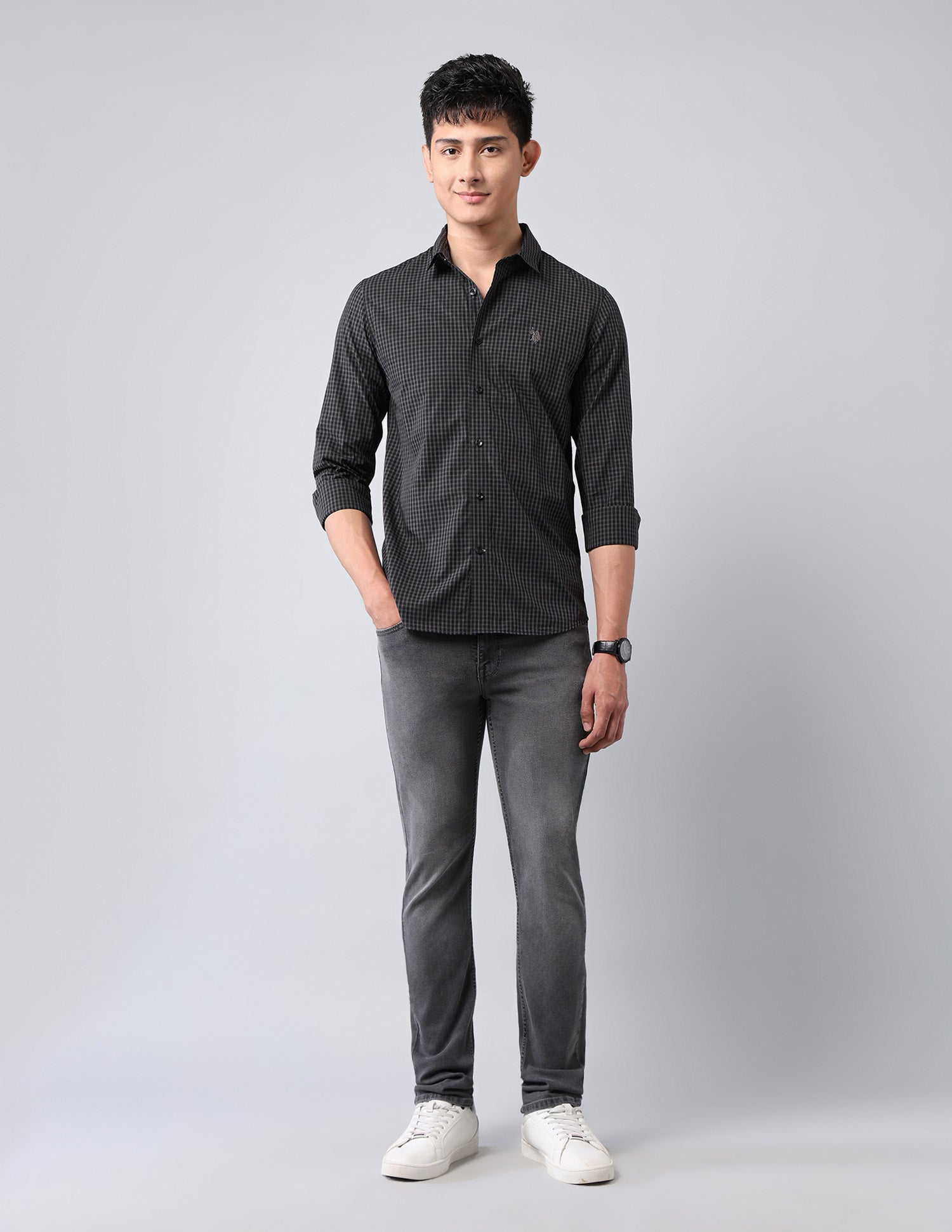 Pure Cotton Micro Checked Shirt Black - U.S. Polo Assn. India | Large