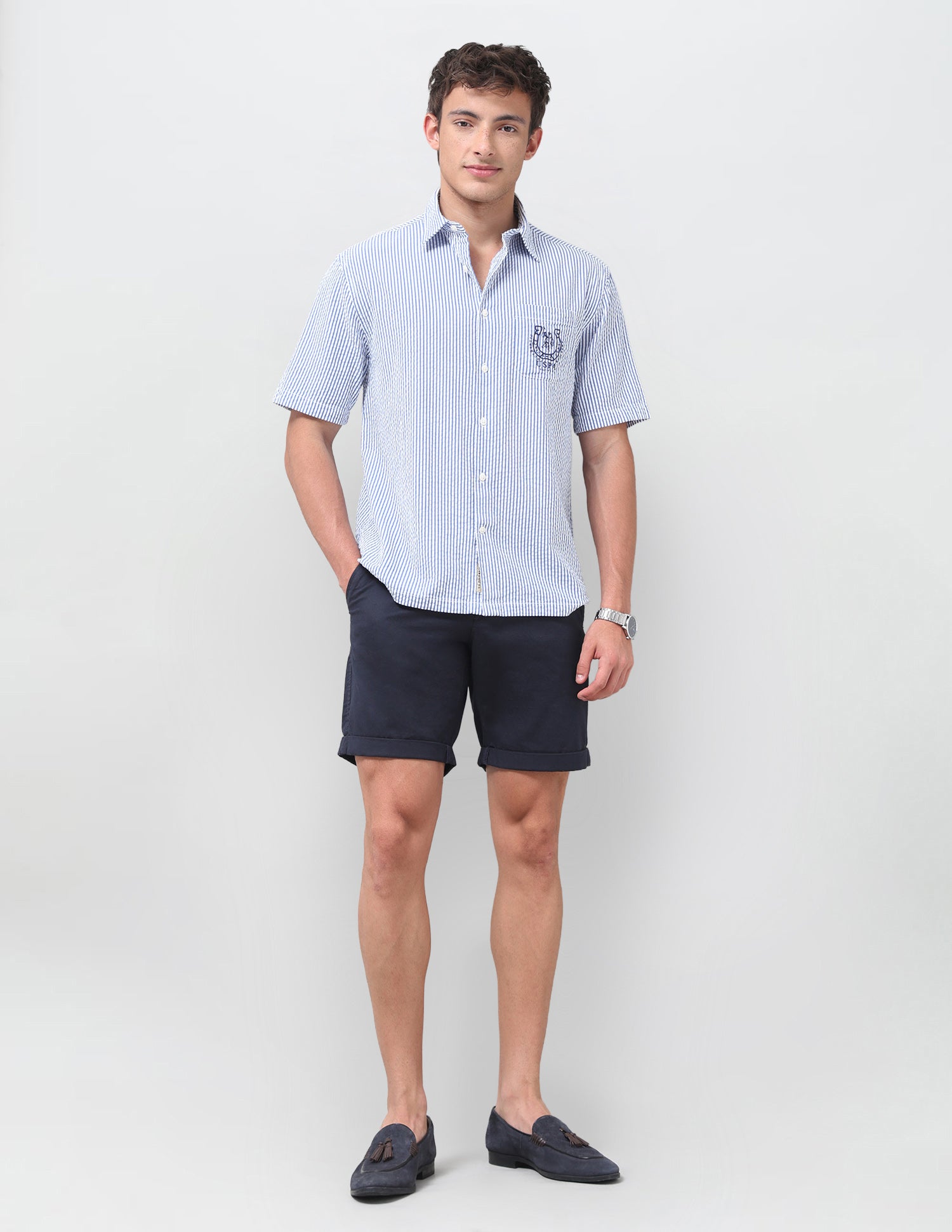 Brand Embroidered Seersucker Shirt Blue - U.S. Polo Assn. India | Large