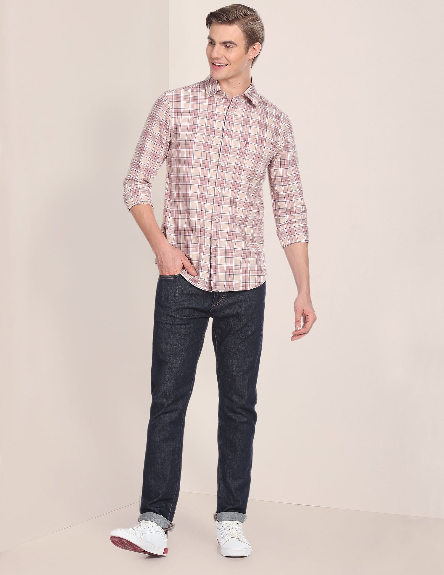 Spread Collar Tartan Check Shirt Beige - U.S. Polo Assn. India | Large