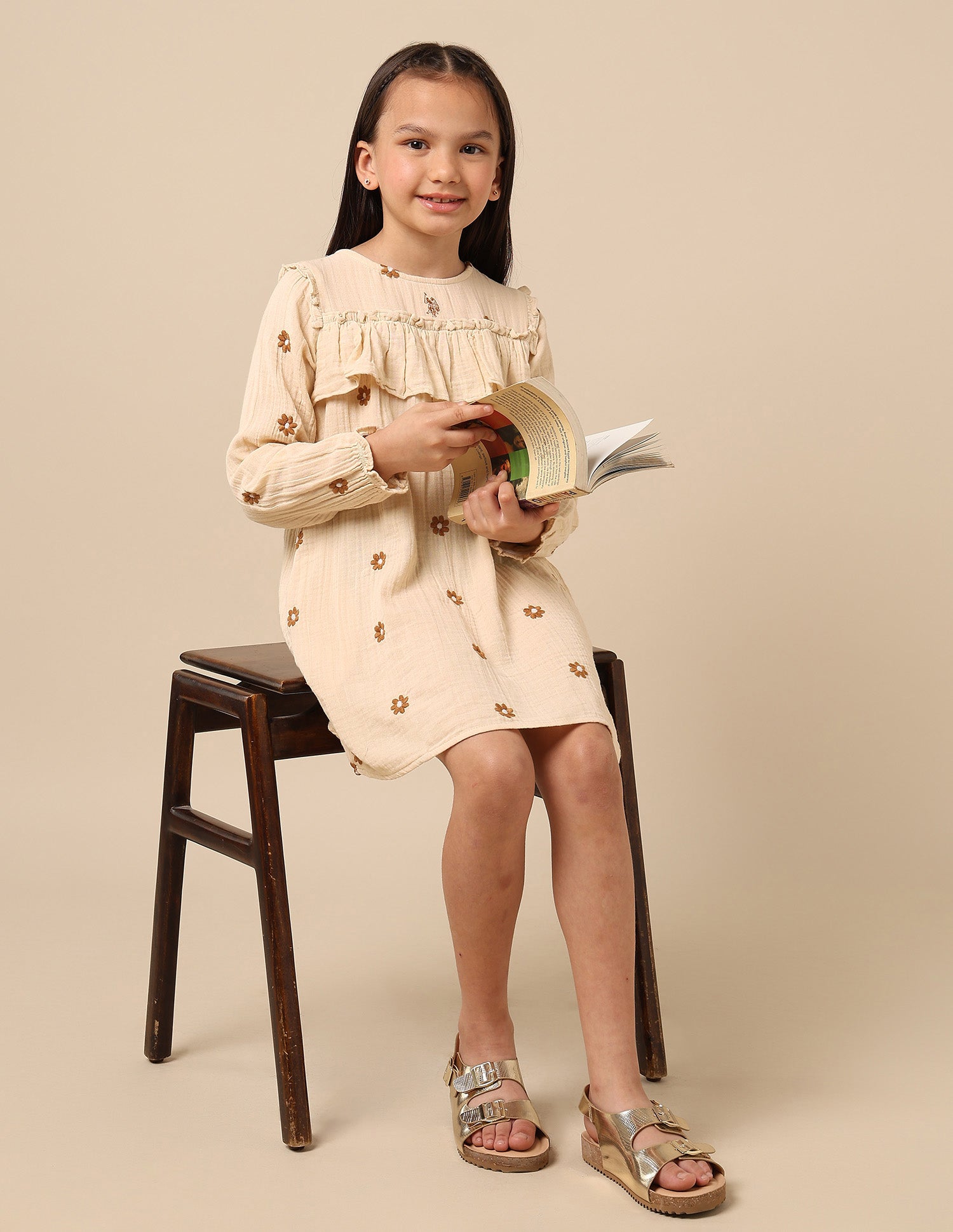 Girls Floral Embroidered A-Line Dress Beige - U.S. POLO ASSN. | Large