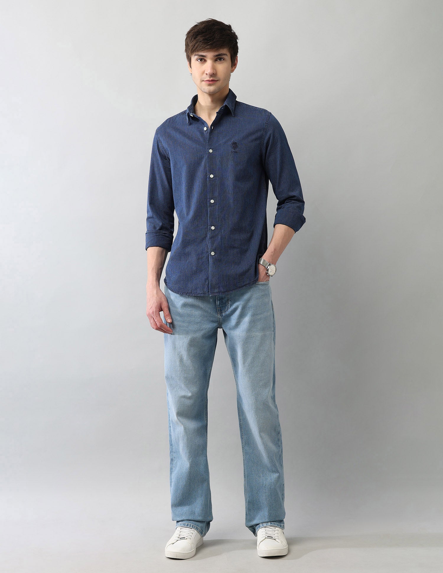PinStriped Regular Fit Poplin Shirt Dark Indigo - U.S. Polo Assn. India | Large
