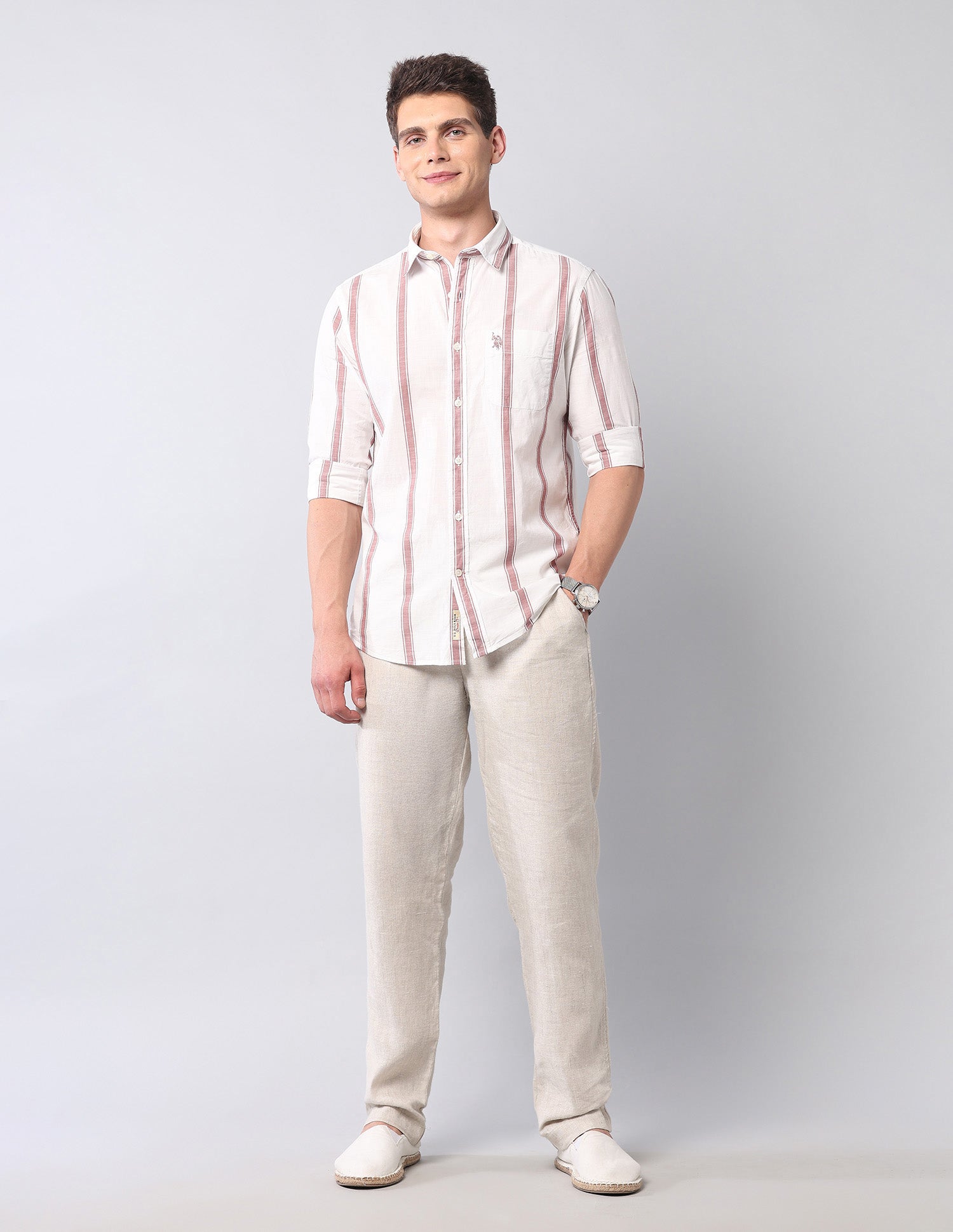 Vertical Striped Pure Cotton Shirt Light Red - U.S. Polo Assn. India | Large