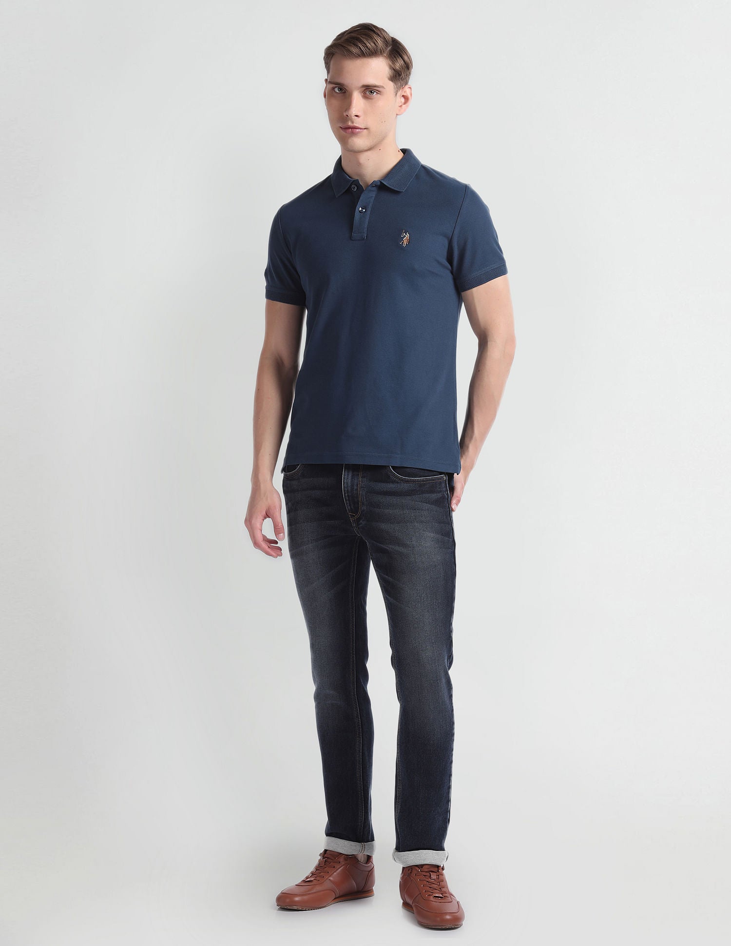 Patterned Collar Cotton Polo Shirt Blue - U.S. Polo Assn. India | Large