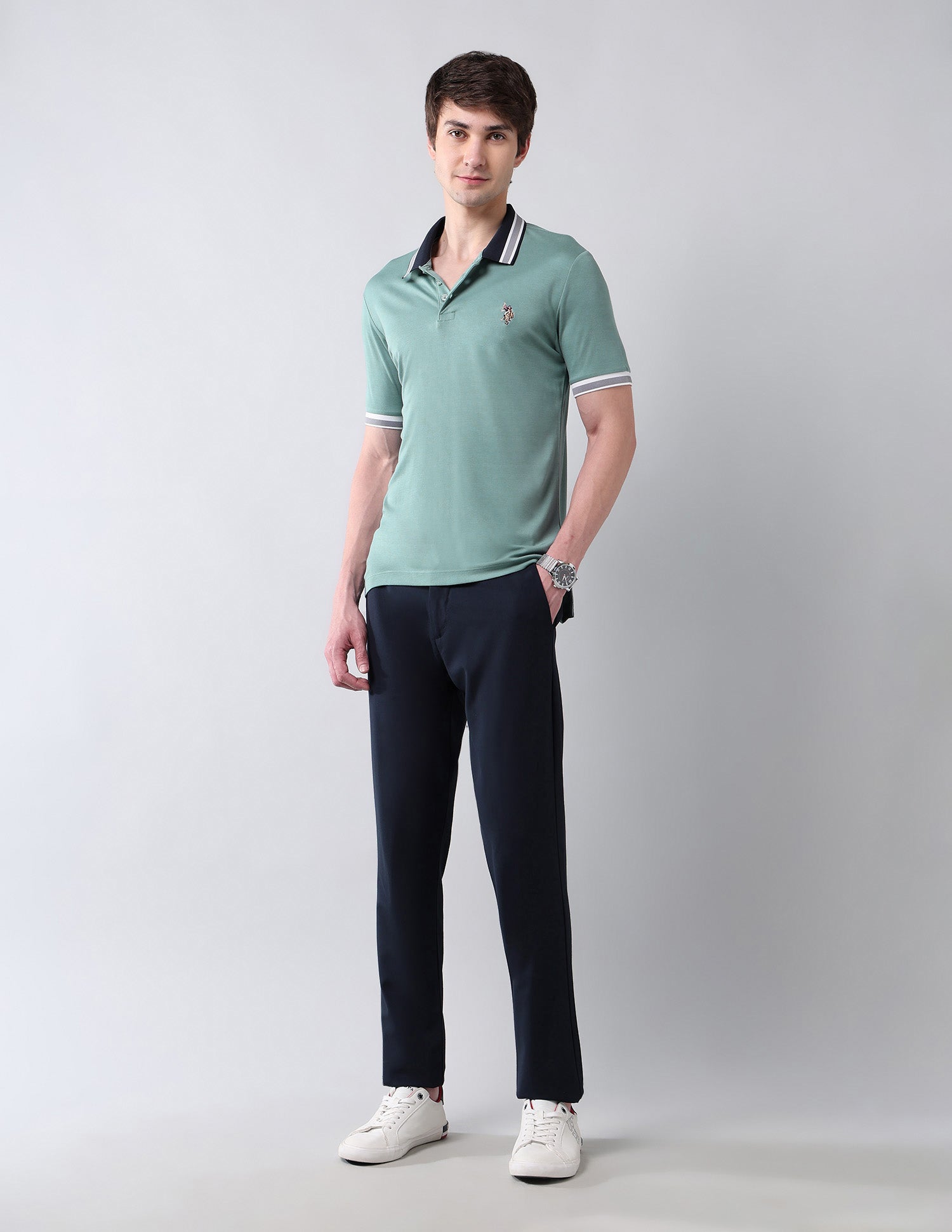 Solid Pure Cotton Muscle Fit Shirt Green - U.S. Polo Assn. India | Large