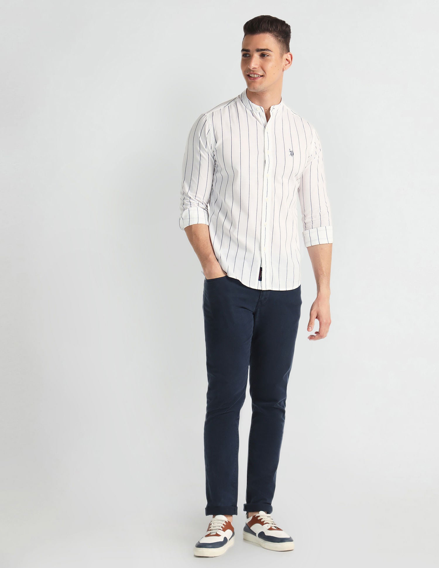 Mandarin Collar Striped Shirt White - U.S. Polo Assn. India | Large