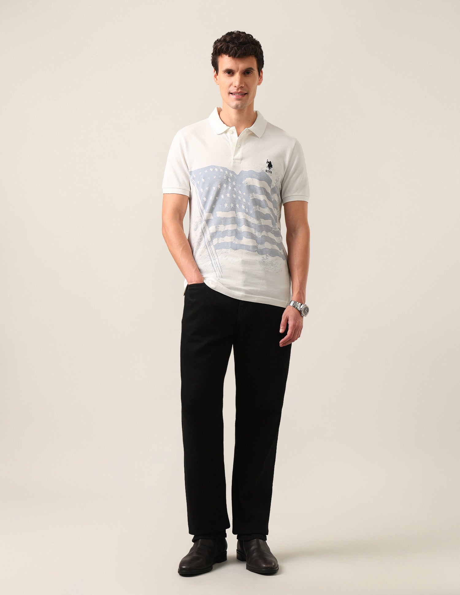 Graphic Printed Slim Fit Polo Shirt Ivory - U.S. Polo Assn. India | Large