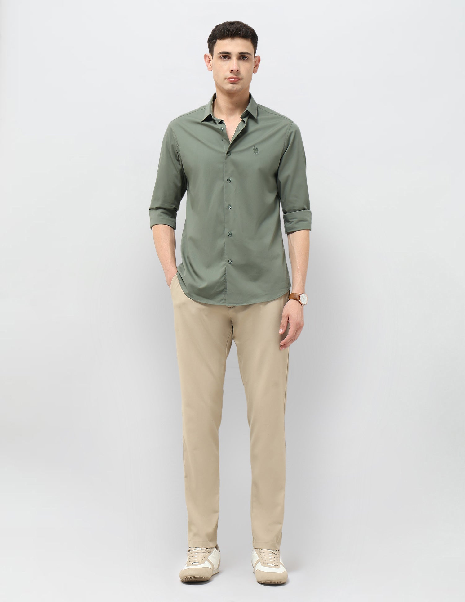 Poplin Tailored Fit Shirt Green - U.S. POLO ASSN. | Large