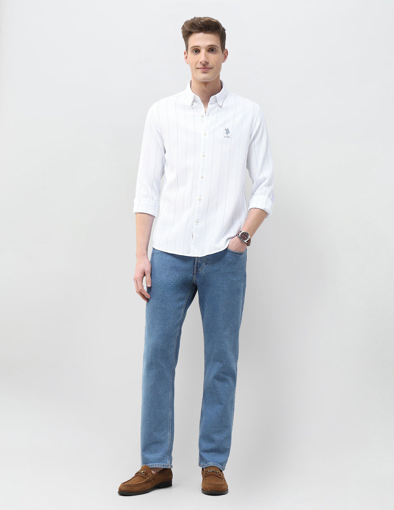 Textured Vertical Striped Motel On The Coast Shirt Ecru - U.S. Polo Assn. India | Large