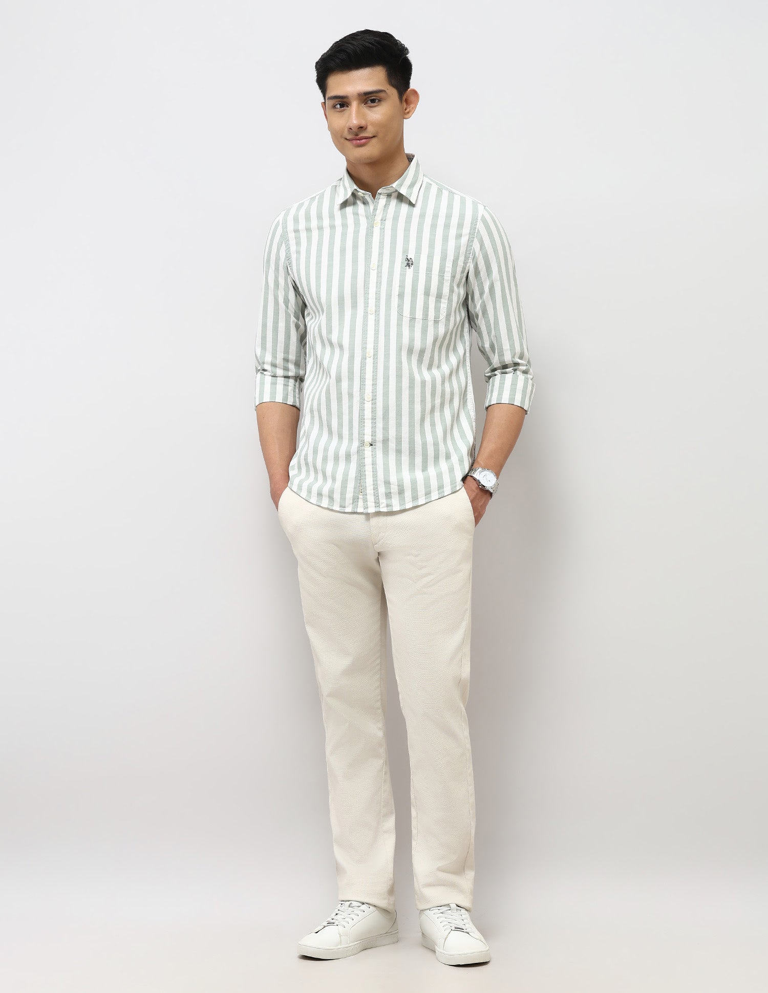 Vertical Striped Pure Cotton Shirt Light Green - U.S. Polo Assn. India | Large