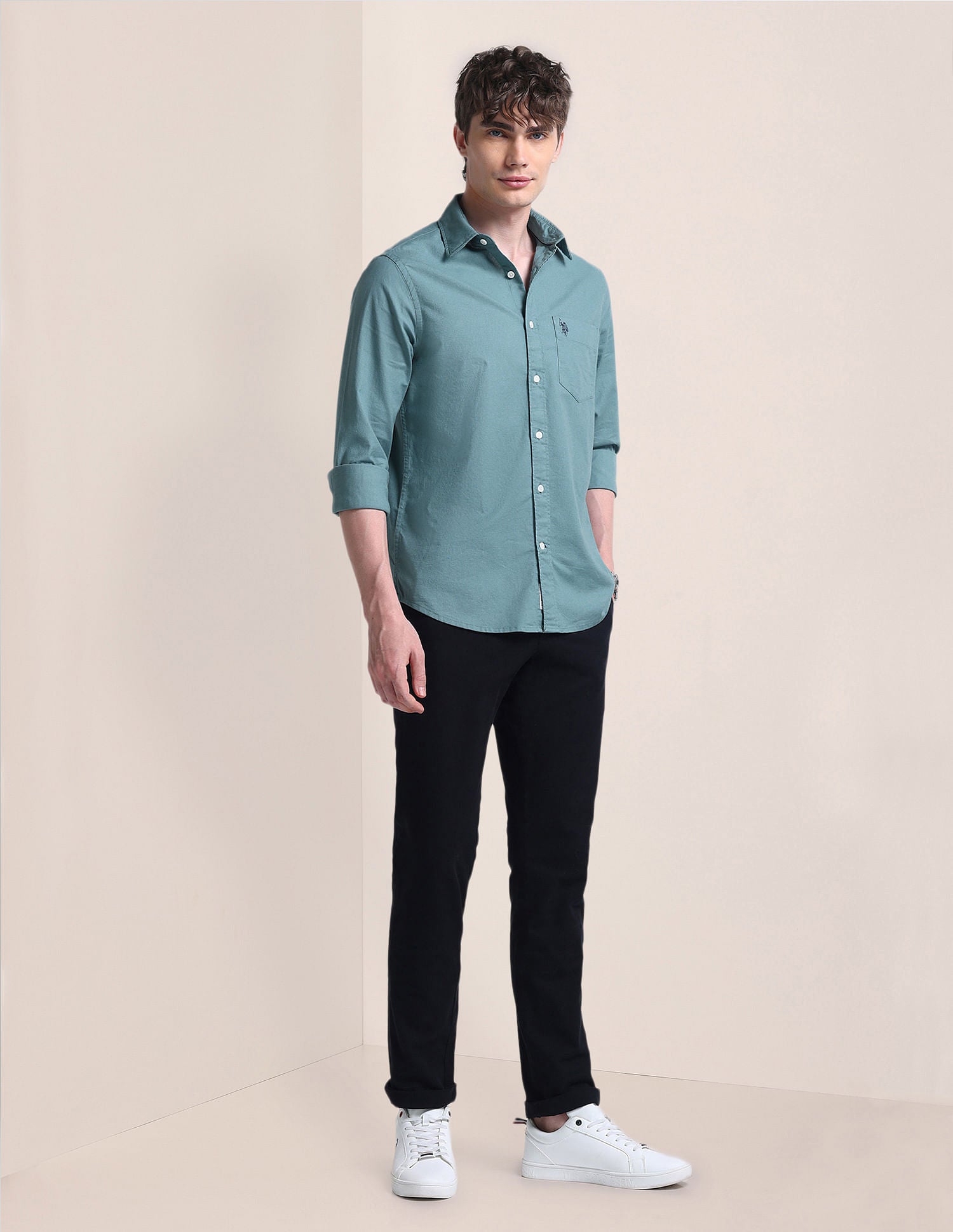 Cutaway Collar Cotton Shirt Teal - U.S. Polo Assn. India | Large