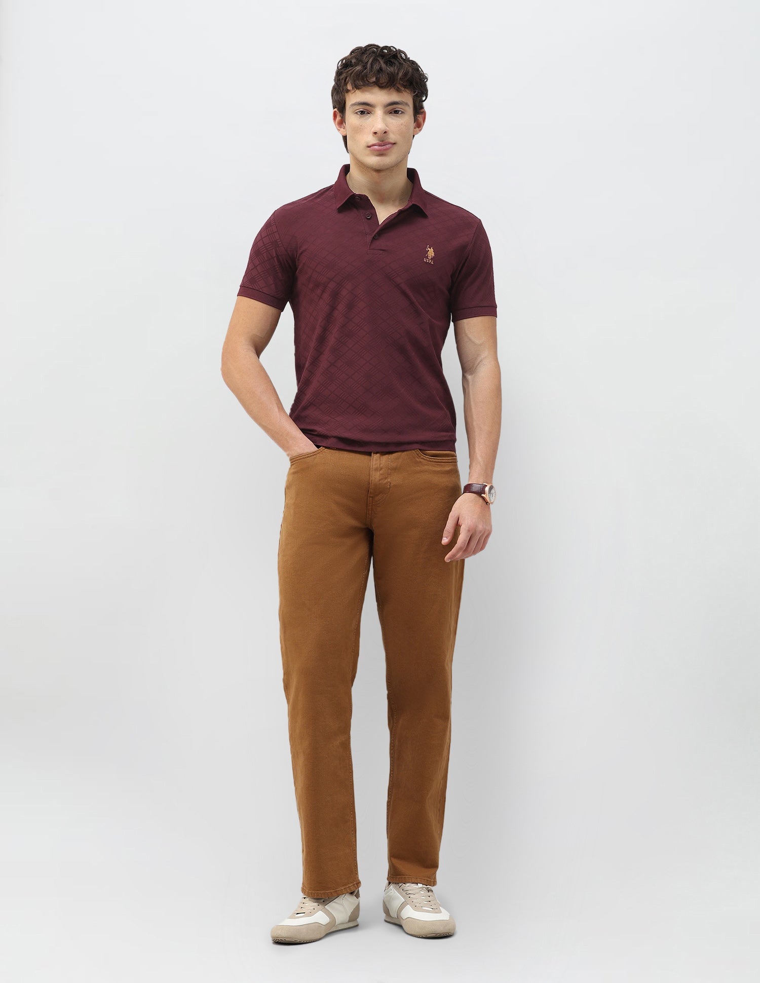 Geometric Patterned Knit Slim Fit Polo Shirt Wine - U.S. Polo Assn. India | Large