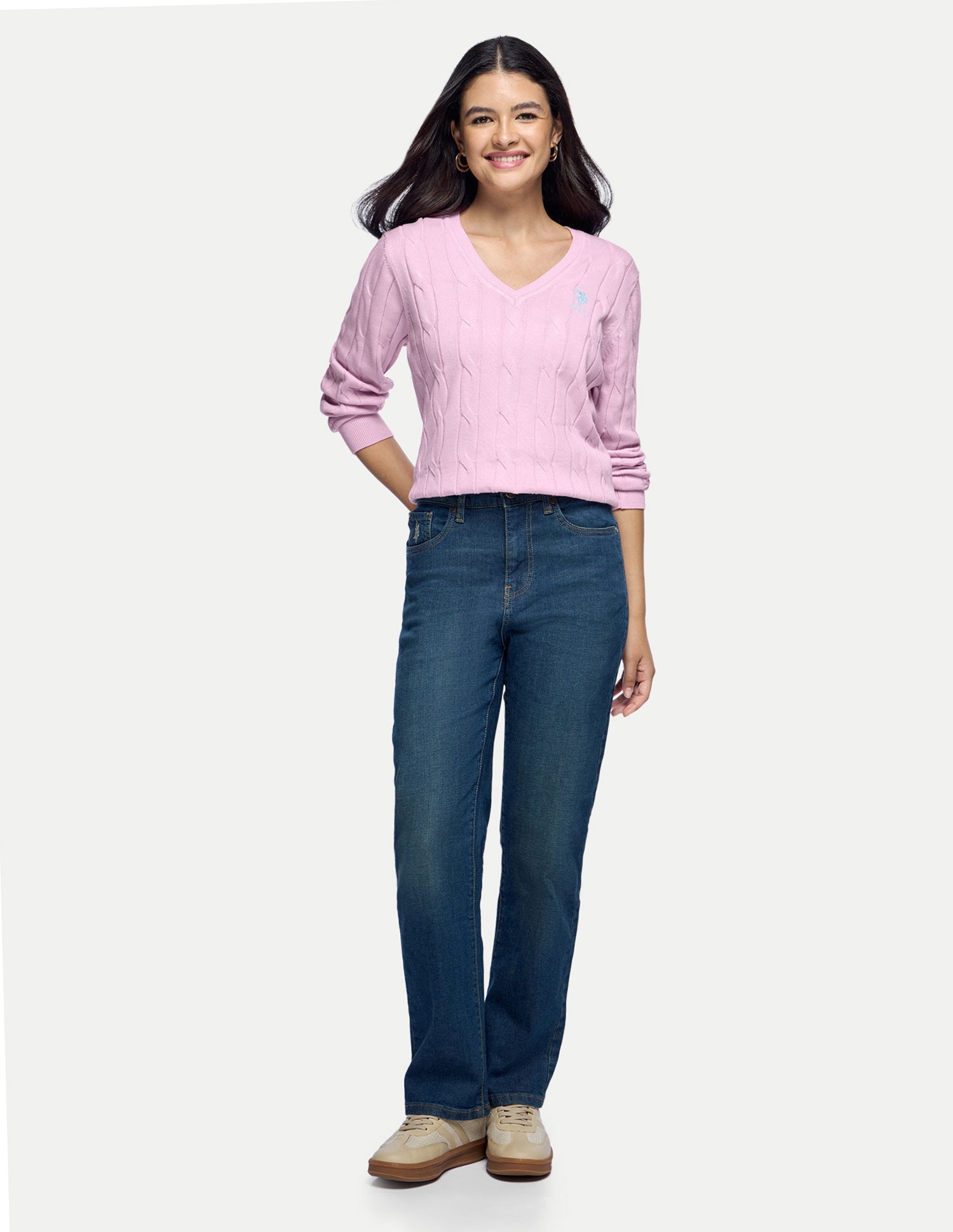 Cable Patterned Knit Regular Fit Sweater Light Pink - U.S. Polo Assn. India | Large