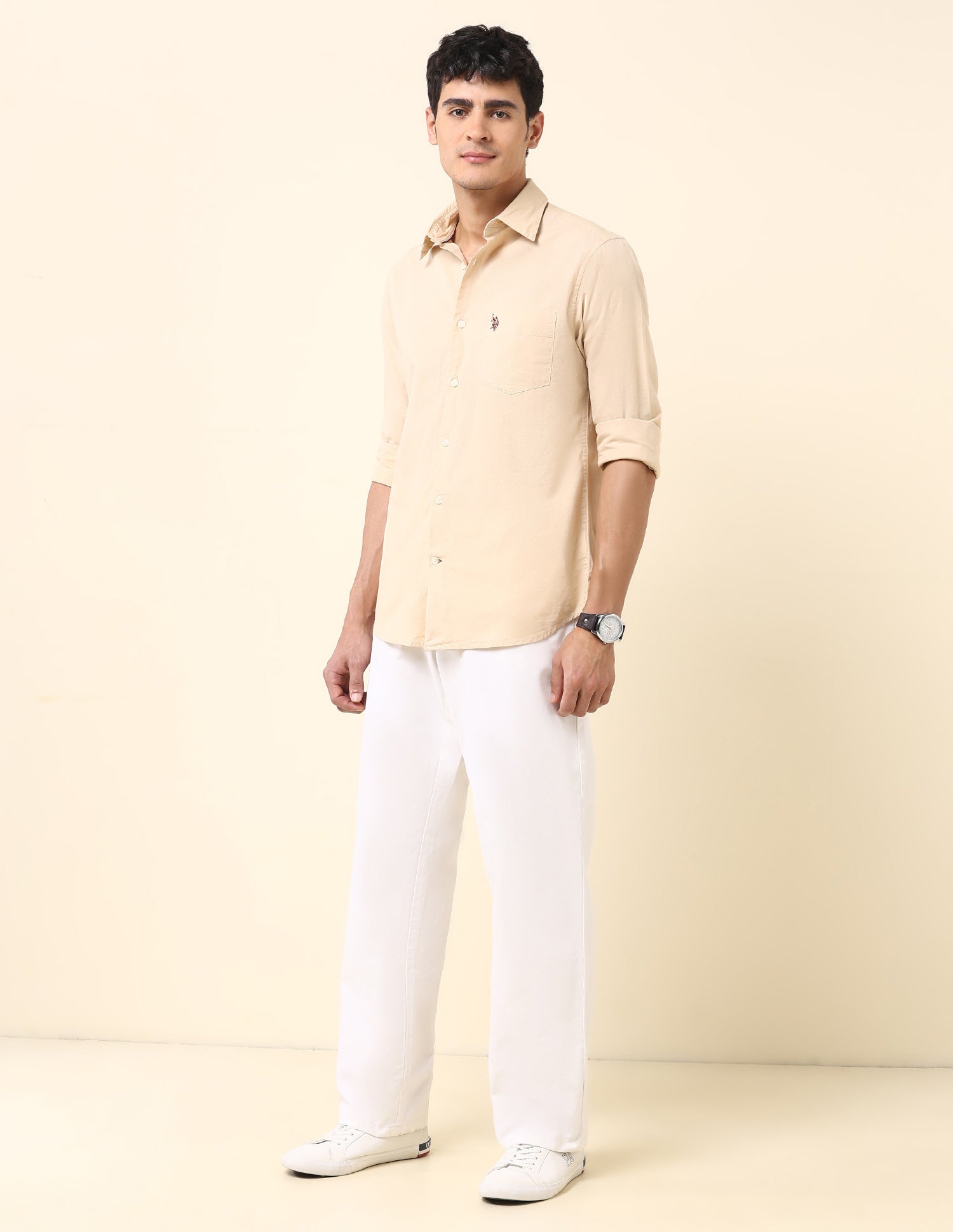 Solid Twill Tailored Fit Shirt Beige - U.S. Polo Assn. India | Large