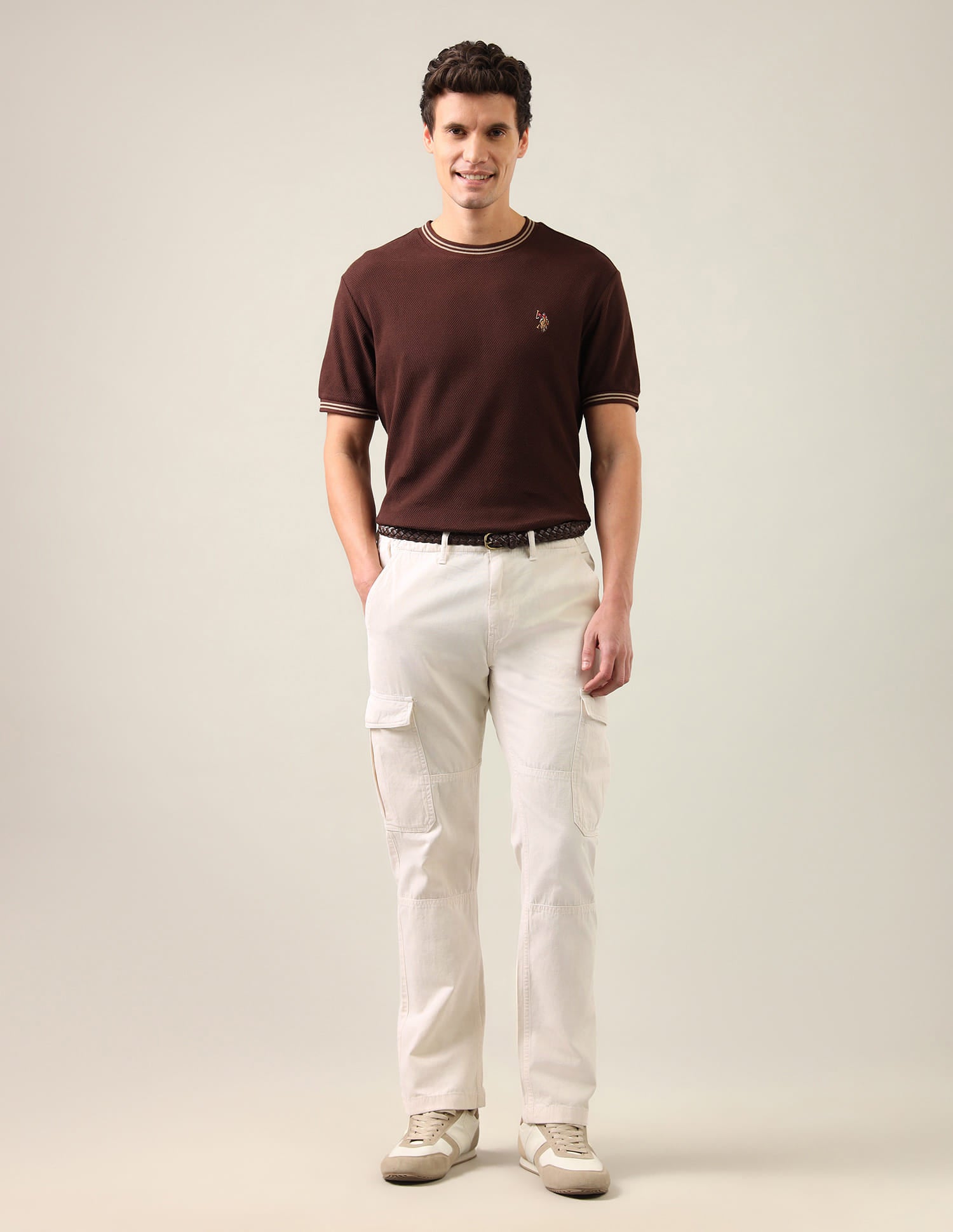 Harold Slim Straight Fit Mid Rise Cargos Beige - U.S. Polo Assn. India | Large
