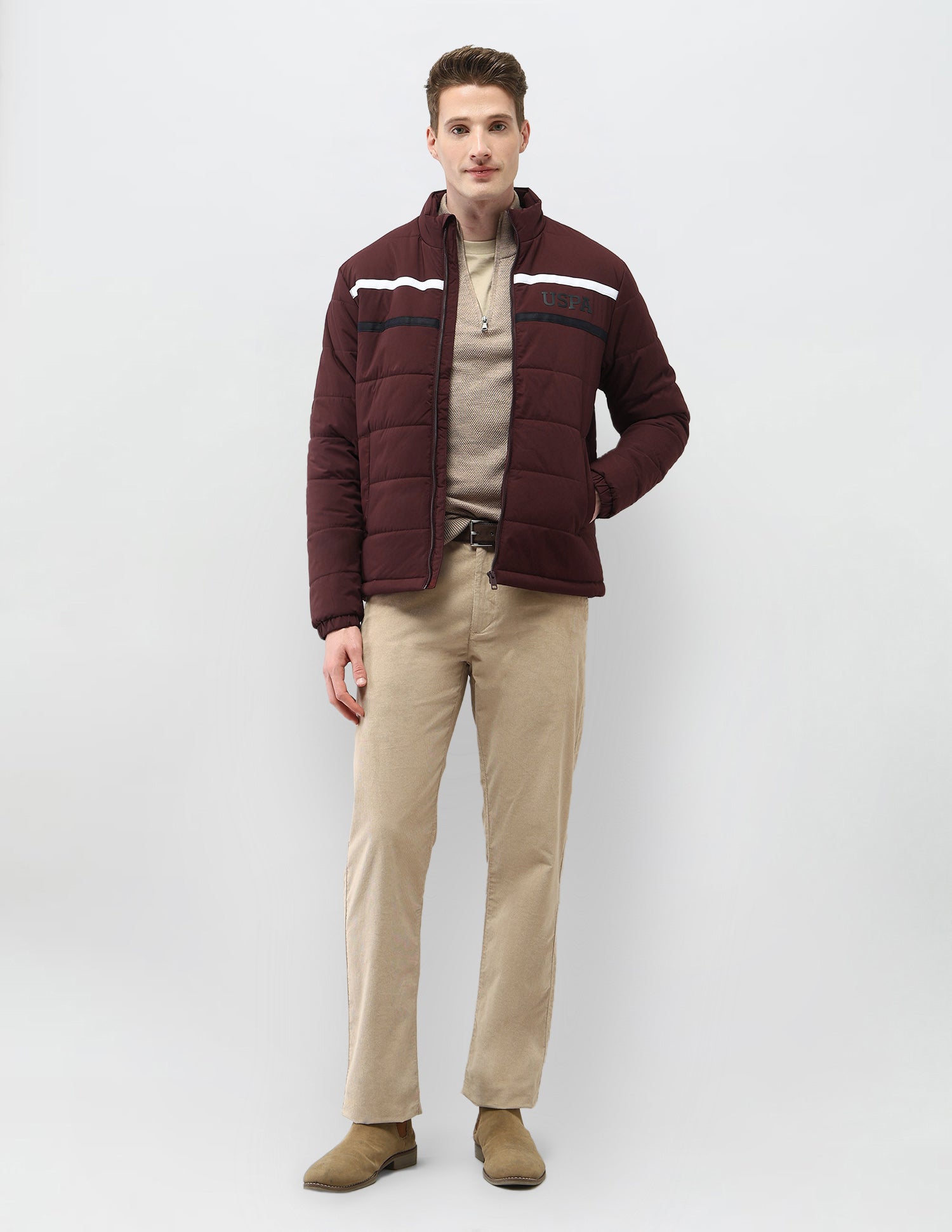Solid Regular Fit Puffer Jacket Dark Maroon - U.S. Polo Assn. India | Large