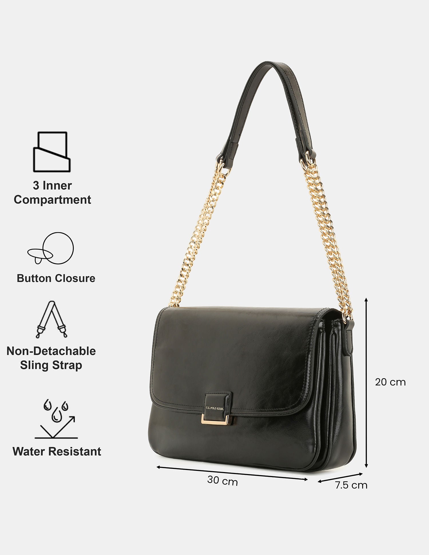 Women Blossom Sling Bag with Structured Compact Design Black - U.S. POLO ASSN. | Large
