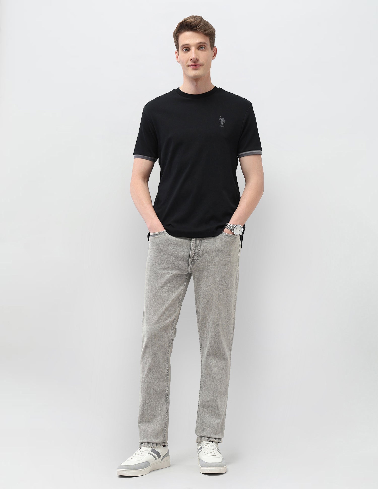 Solid Slim Fit Black & Gold T-Shirt Black - U.S. Polo Assn. India | Large