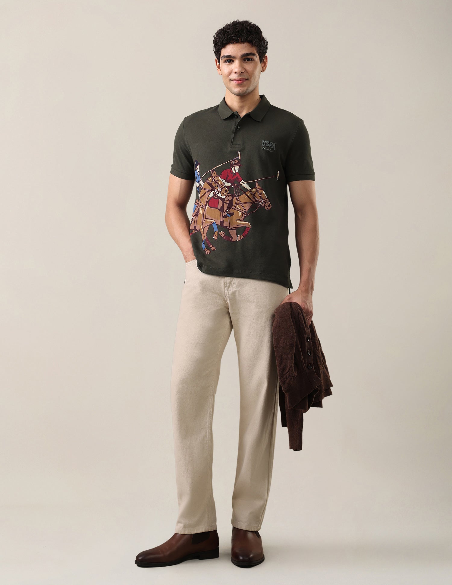 Graphic Brand Printed Slim Fit Polo Shirt Olive - U.S. Polo Assn. India | Large