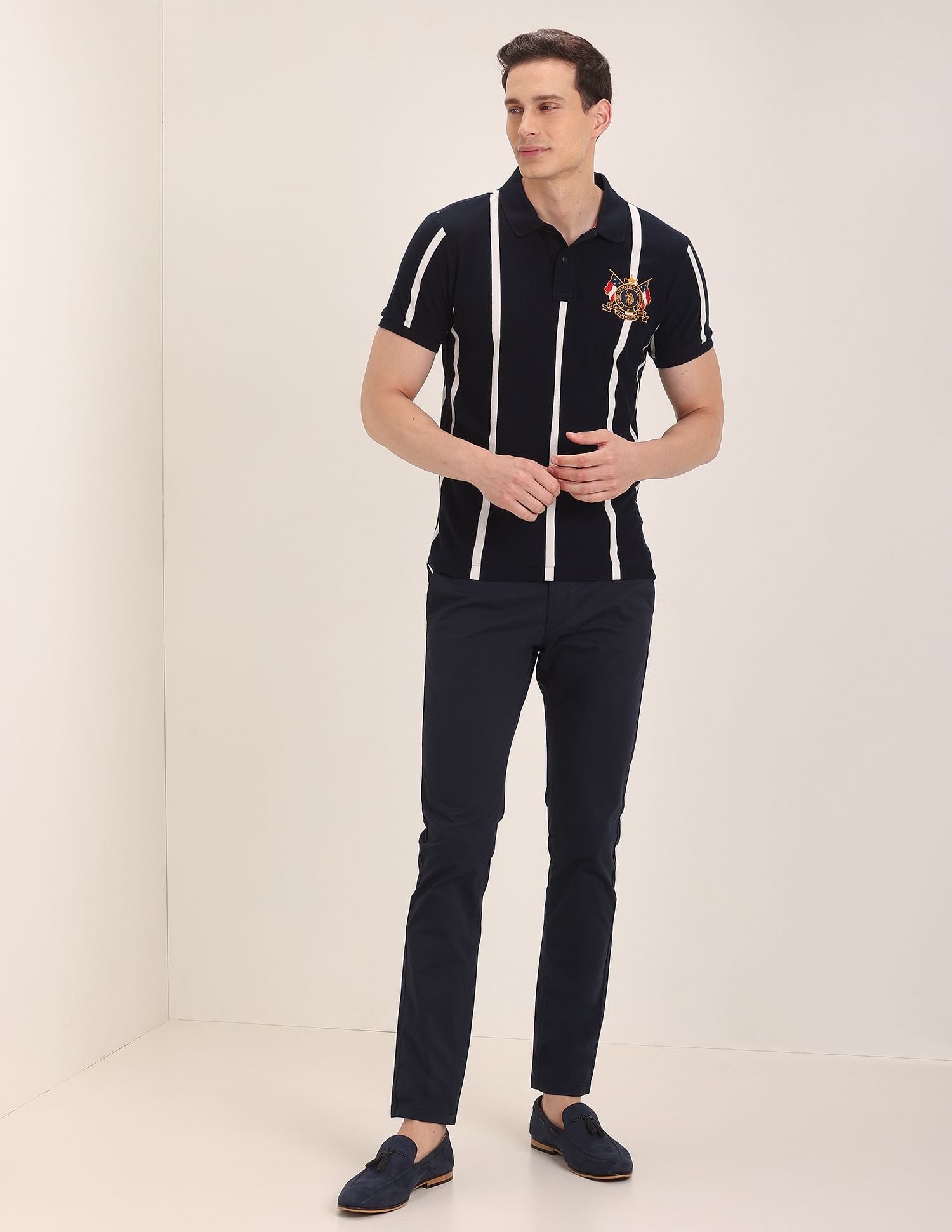 Crest Embroidered Striped Polo Shirt Navy - U.S. Polo Assn. India | Large
