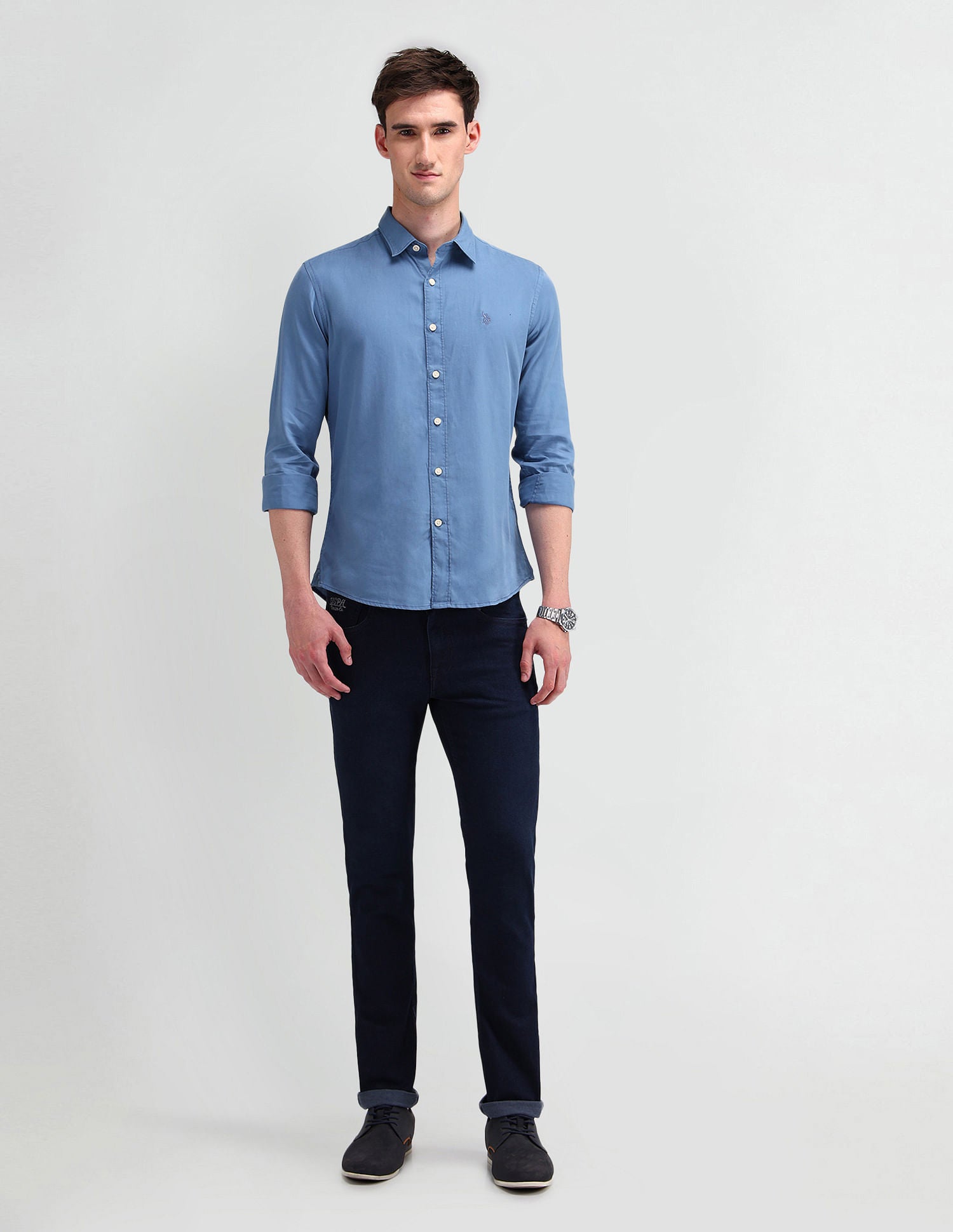 Slim Fit Solid Shirt Light-Blue - U.S. Polo Assn. India | Large