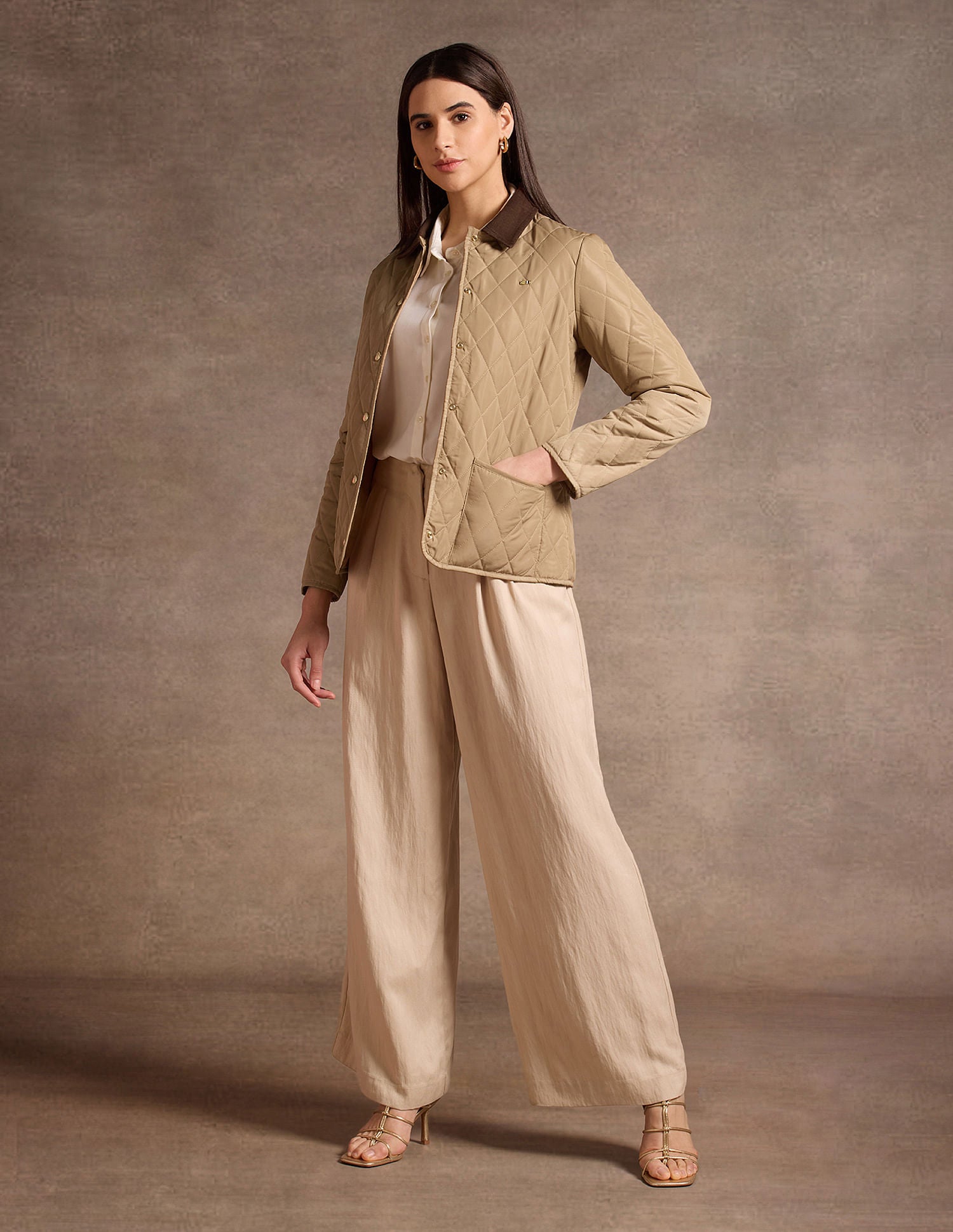 Contrast Collar Puffer Jacket Beige - U.S. POLO ASSN. | Large