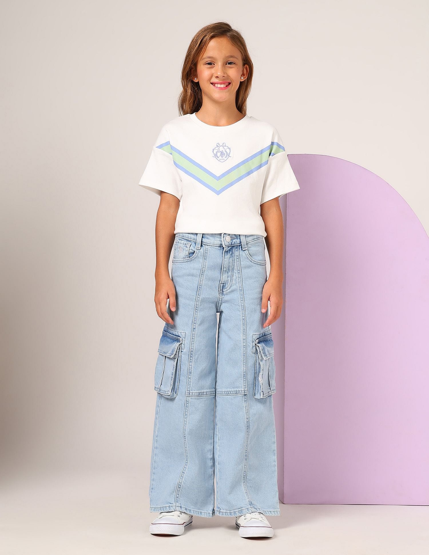 Girls Wide Leg Fit Cargo Jeans Light Blue - U.S. POLO ASSN. | Large