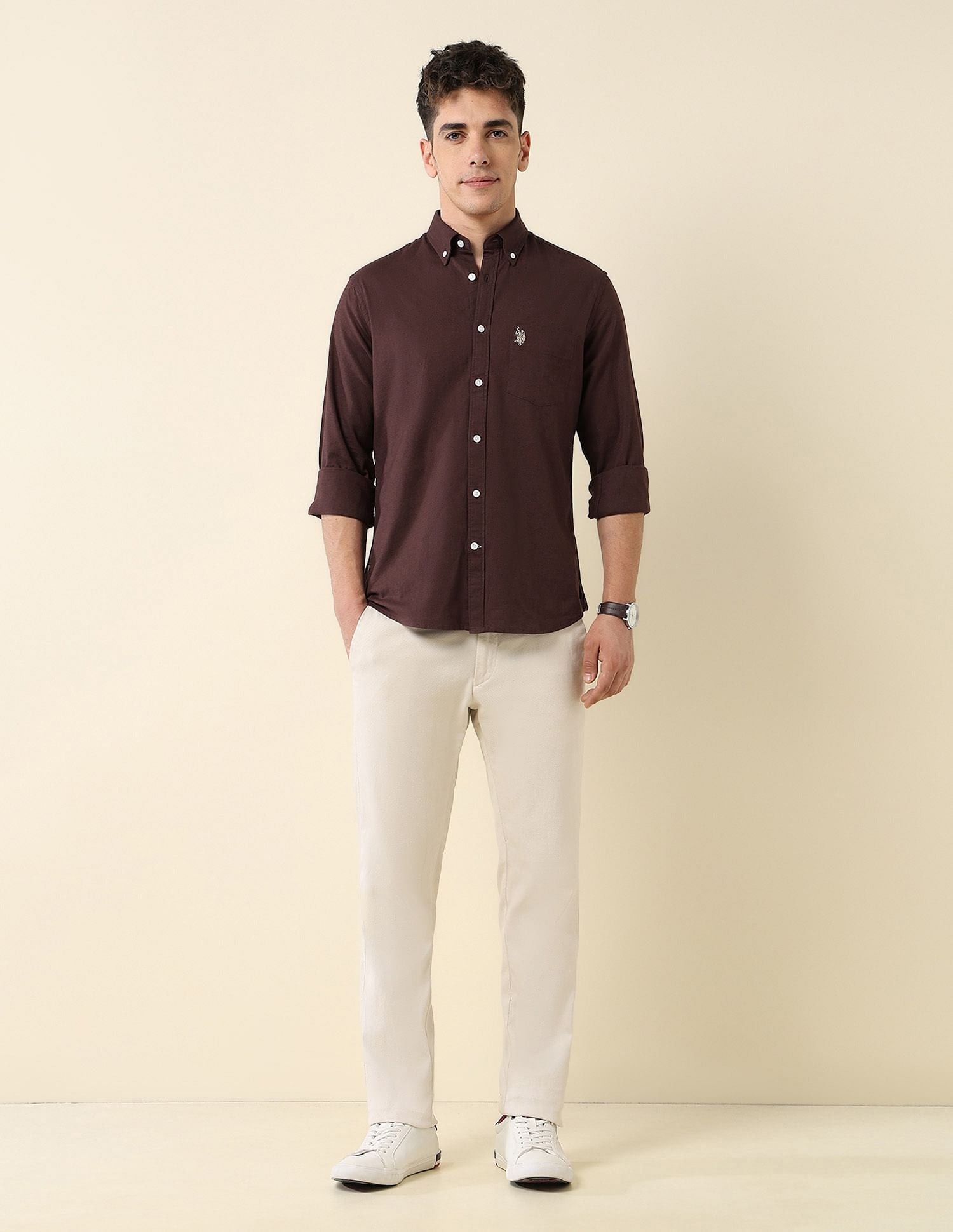 Oxford Stretch Button Down Shirt Brown - U.S. Polo Assn. India | Large