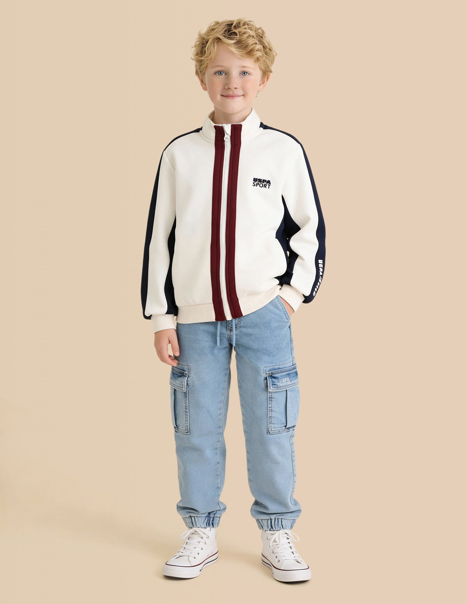 Boys Colour Blocked Regular Fit Sweatshirt Off White - U.S. Polo Assn. India | Large