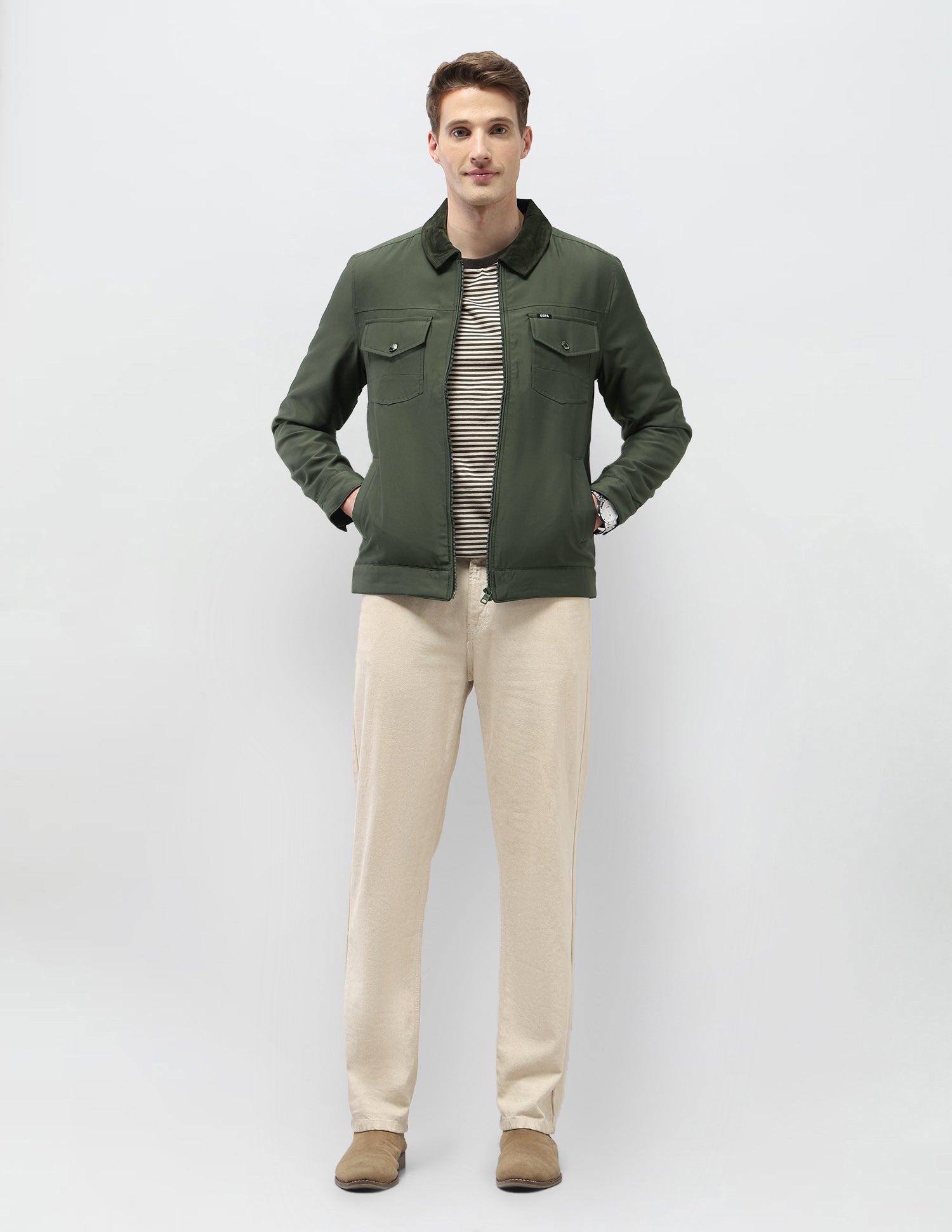 Solid Regular Fit Jacket Olive - U.S. Polo Assn. India | Large