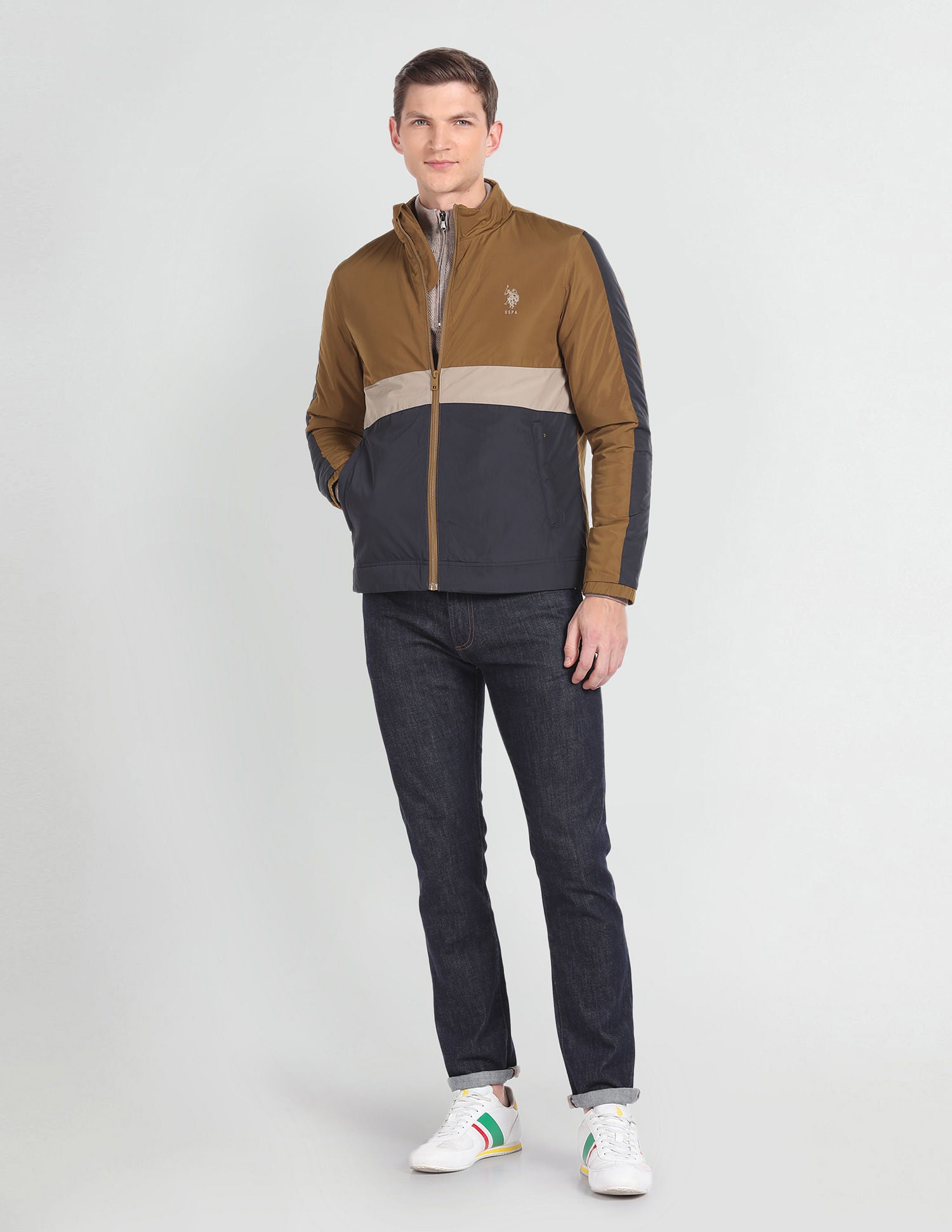 Lightweight Colour Block Jacket Brown and Navy - U.S. Polo Assn. India | Large