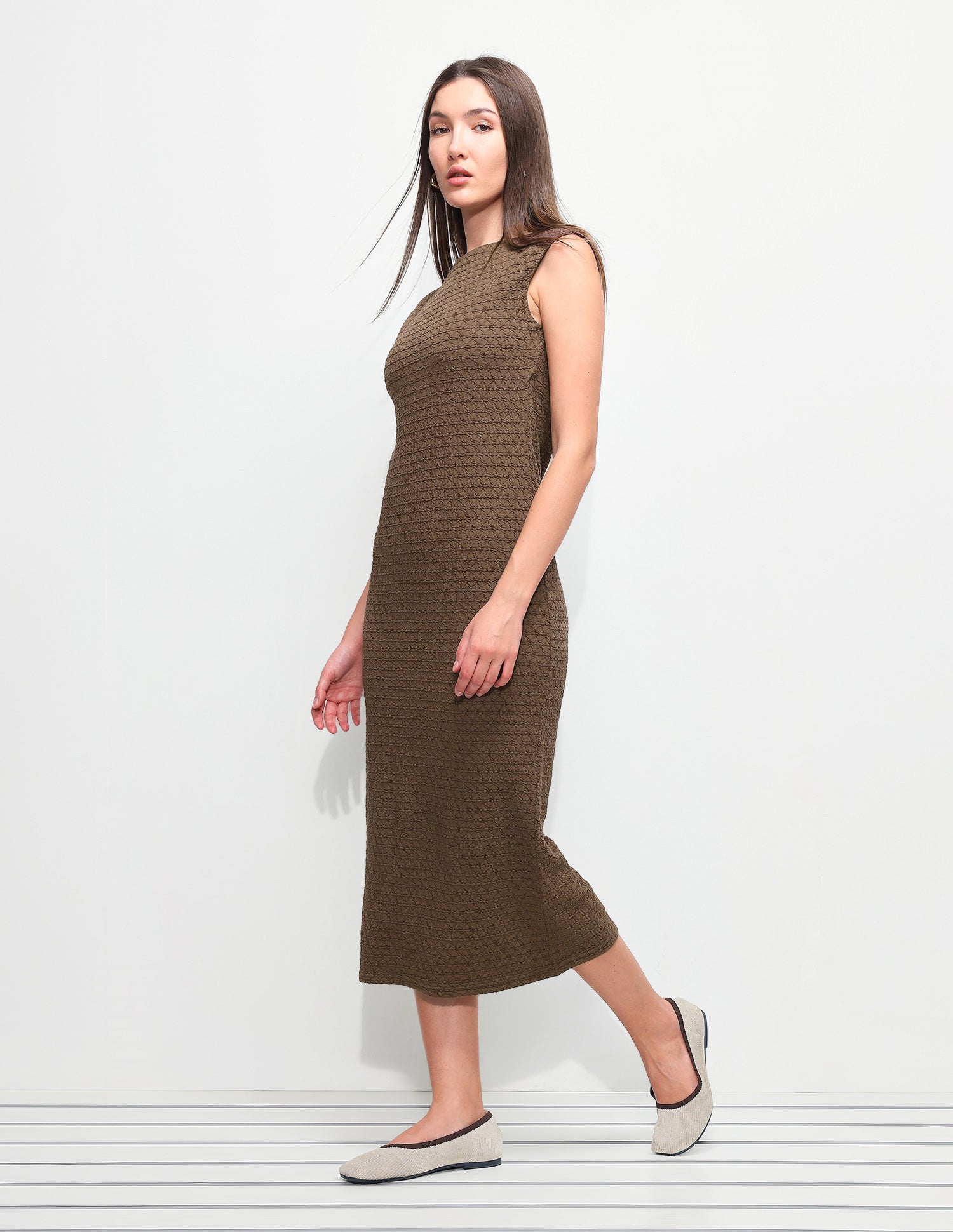 Textured Fitted Midi Sheath Dress Brown - U.S. Polo Assn. India | Large