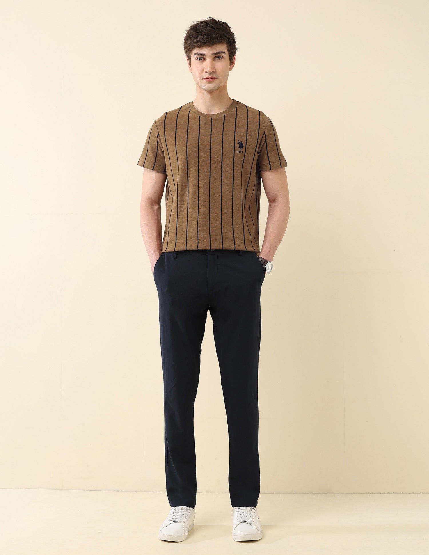 Vertical Striped Pure Cotton Gold Cup T-Shirt Brown - U.S. Polo Assn. India | Large