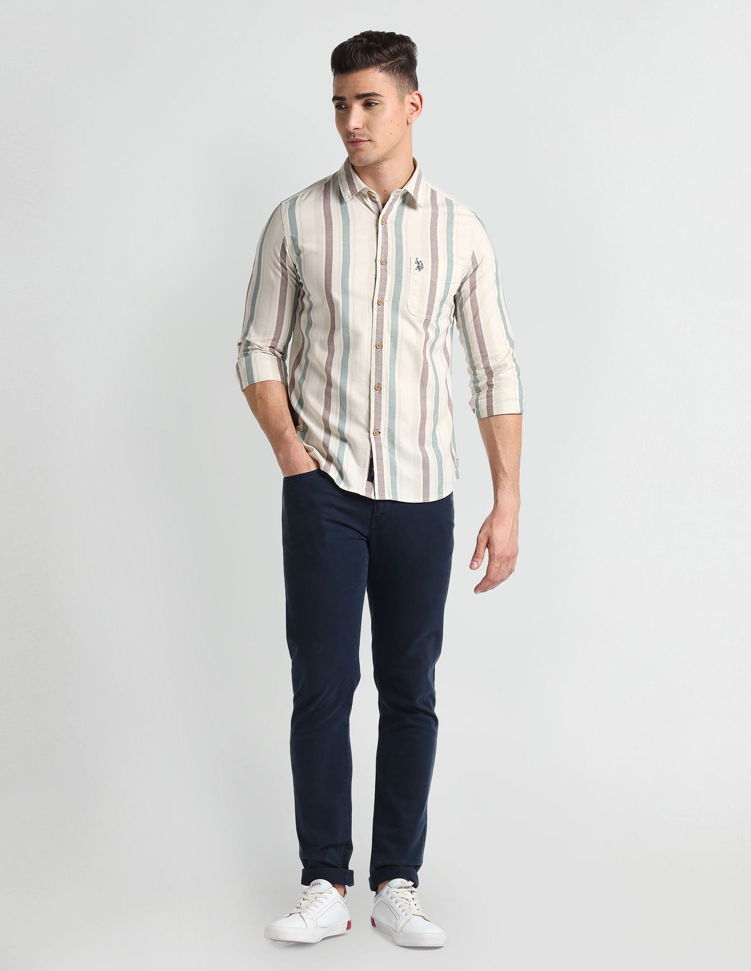 Vertical Stripe Slim Fit Shirt Green, White and Brown - U.S. Polo Assn. India | Large