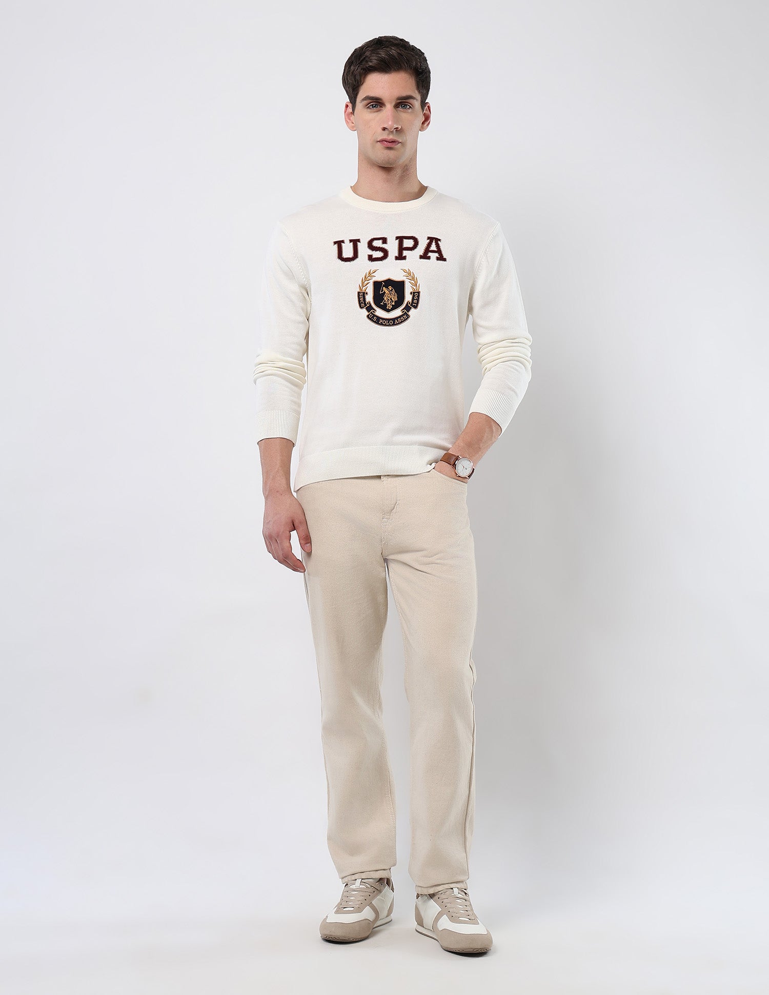 Brand Embroidered Patterned Knit Sweater Off White - U.S. POLO ASSN. | Large