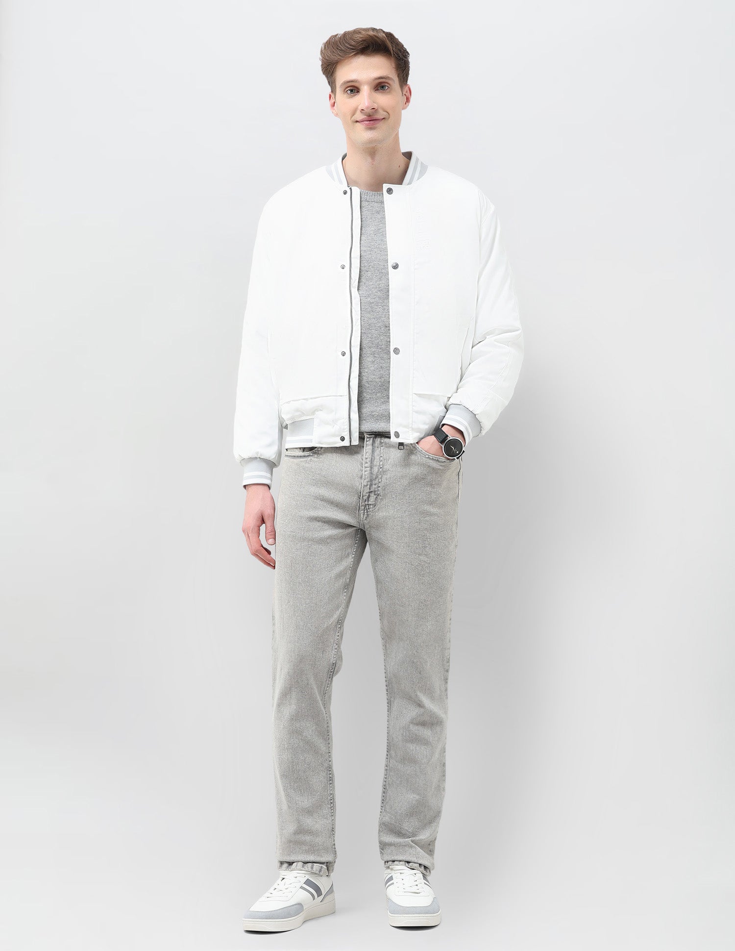 Solid Regular Fit Bomber Jacket Off White - U.S. Polo Assn. India | Large