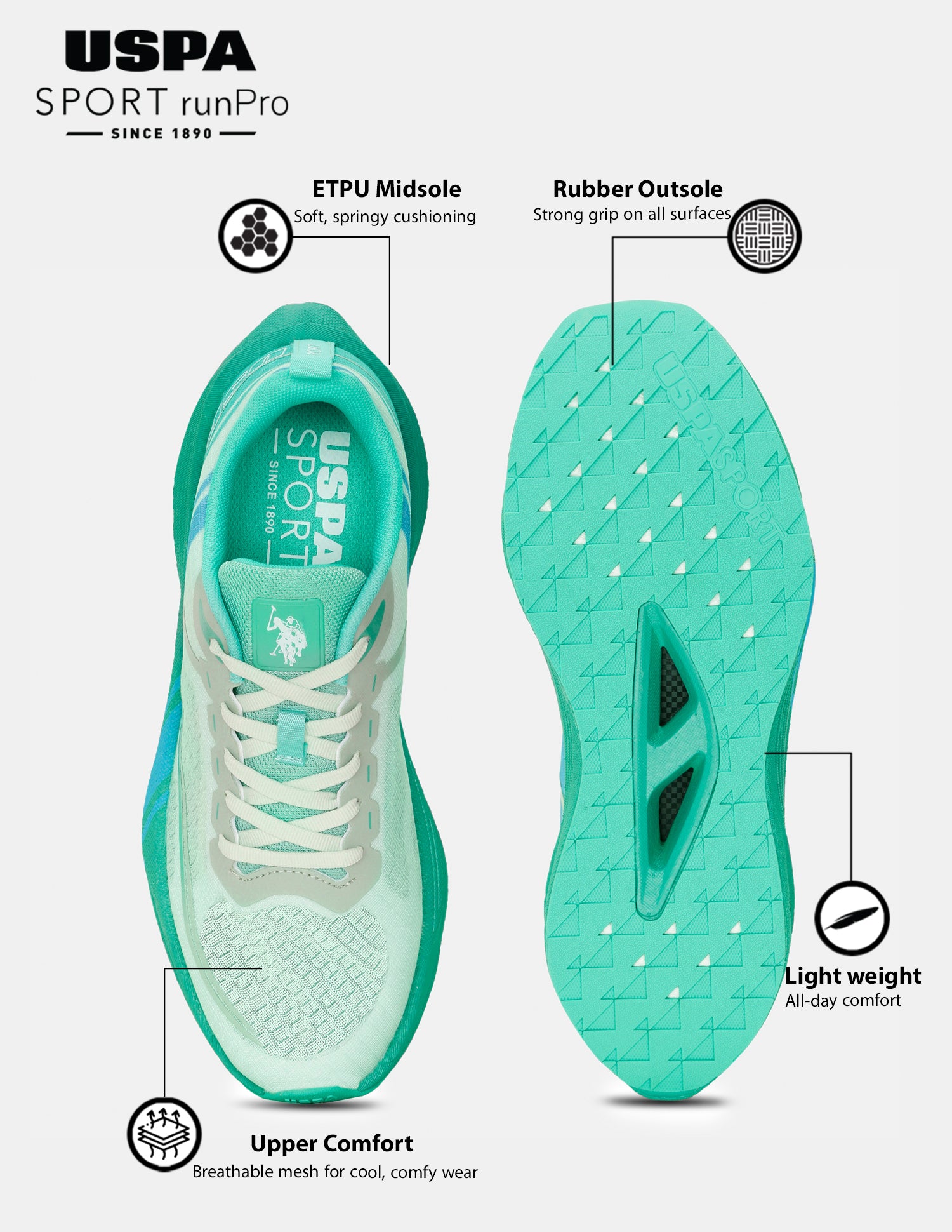 Men Erwin USPA Sport Runpro Running Shoes Light Green - U.S. POLO ASSN. | Large