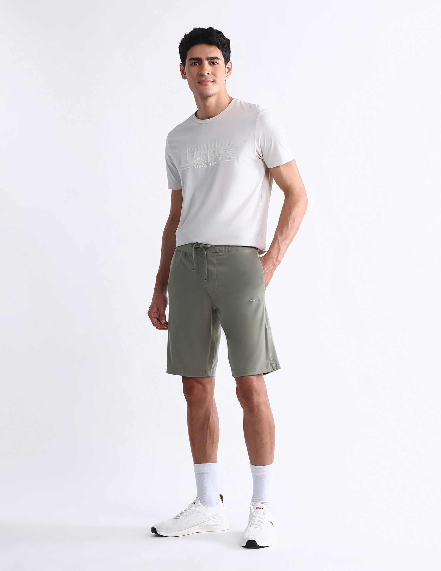 Solid Slim Fit Active Shorts Light Olive - U.S. Polo Assn. India | Large