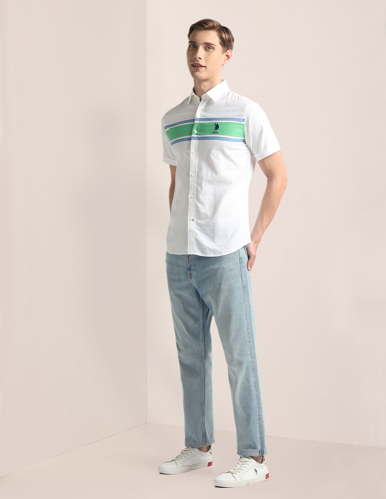 Horizontal Stripe Pinpoint Oxford Shirt White and Green - U.S. Polo Assn. India | Large